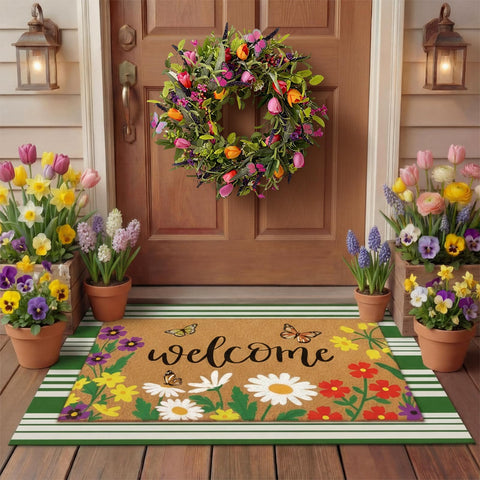 Tinideya welcome doormat with butterflies and flowers at the doorway.