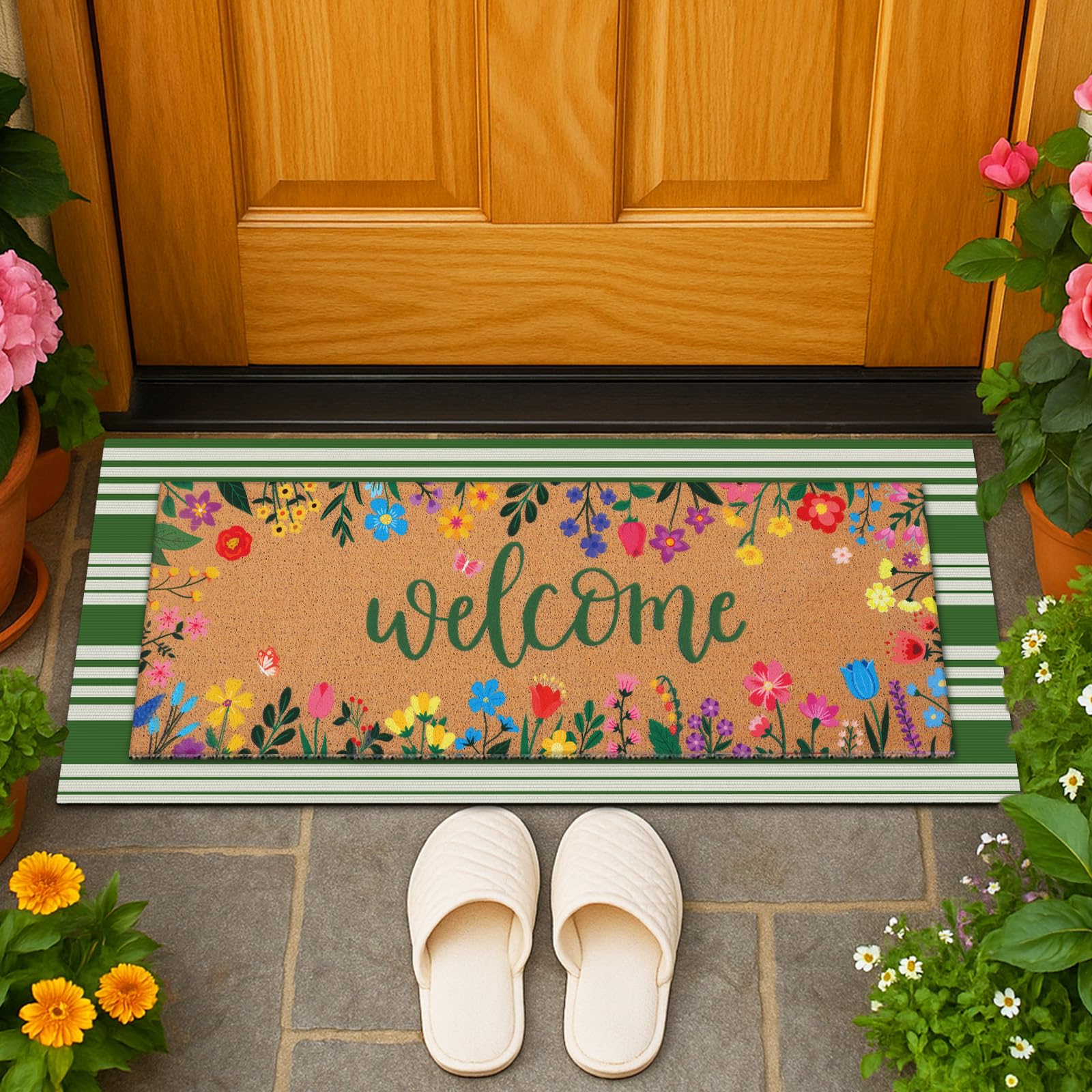 Tinideya welcome floral mat in large size for wide doors.