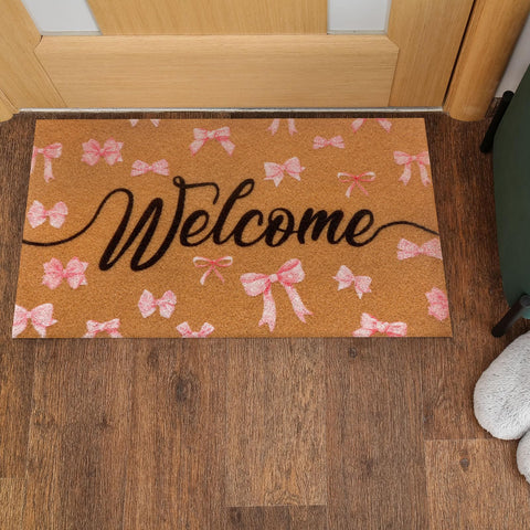 Tinideya welcome mat used as festive porch decor for events.