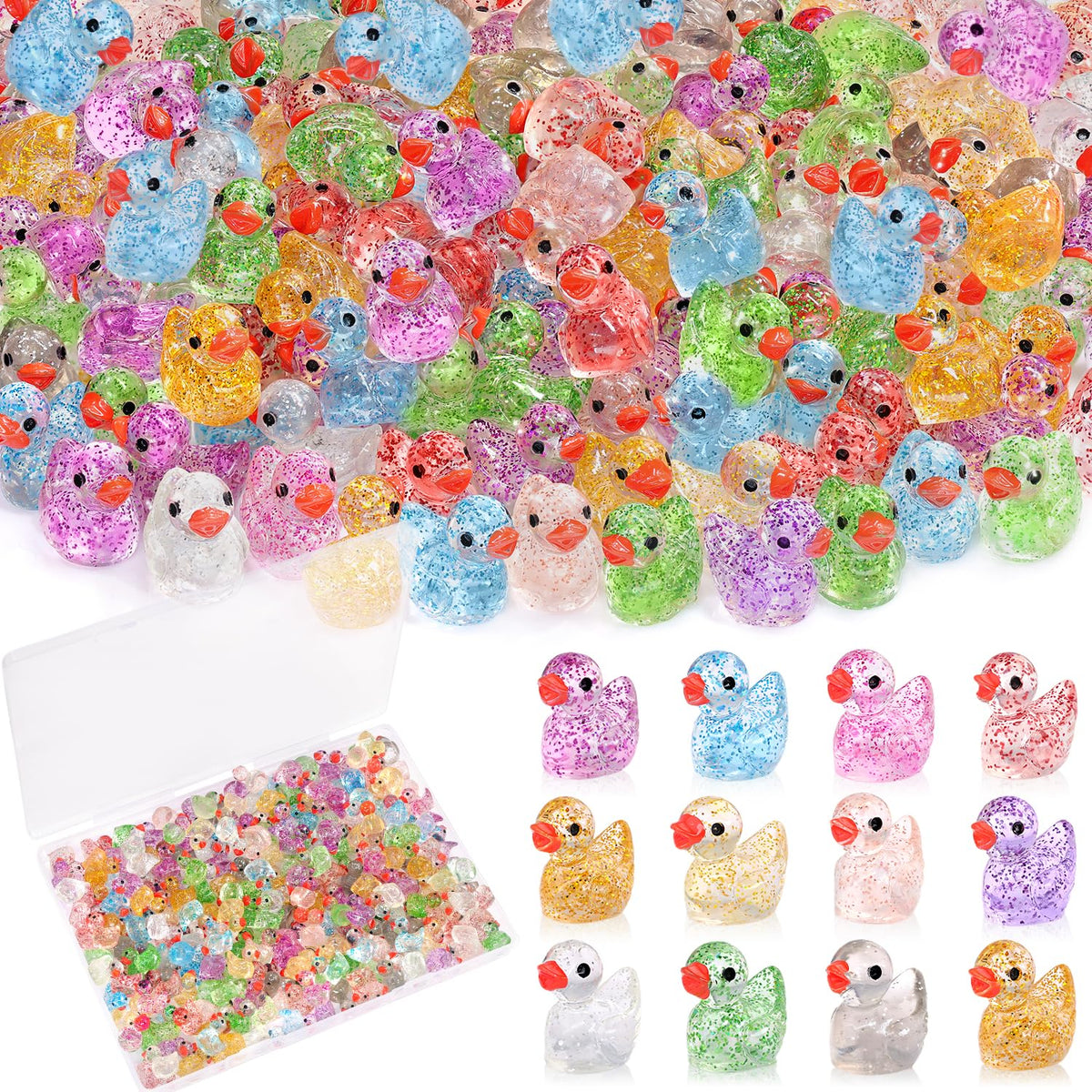 TINKRSTUFF glitter ducks in vibrant mini resin figures for DIY crafts.