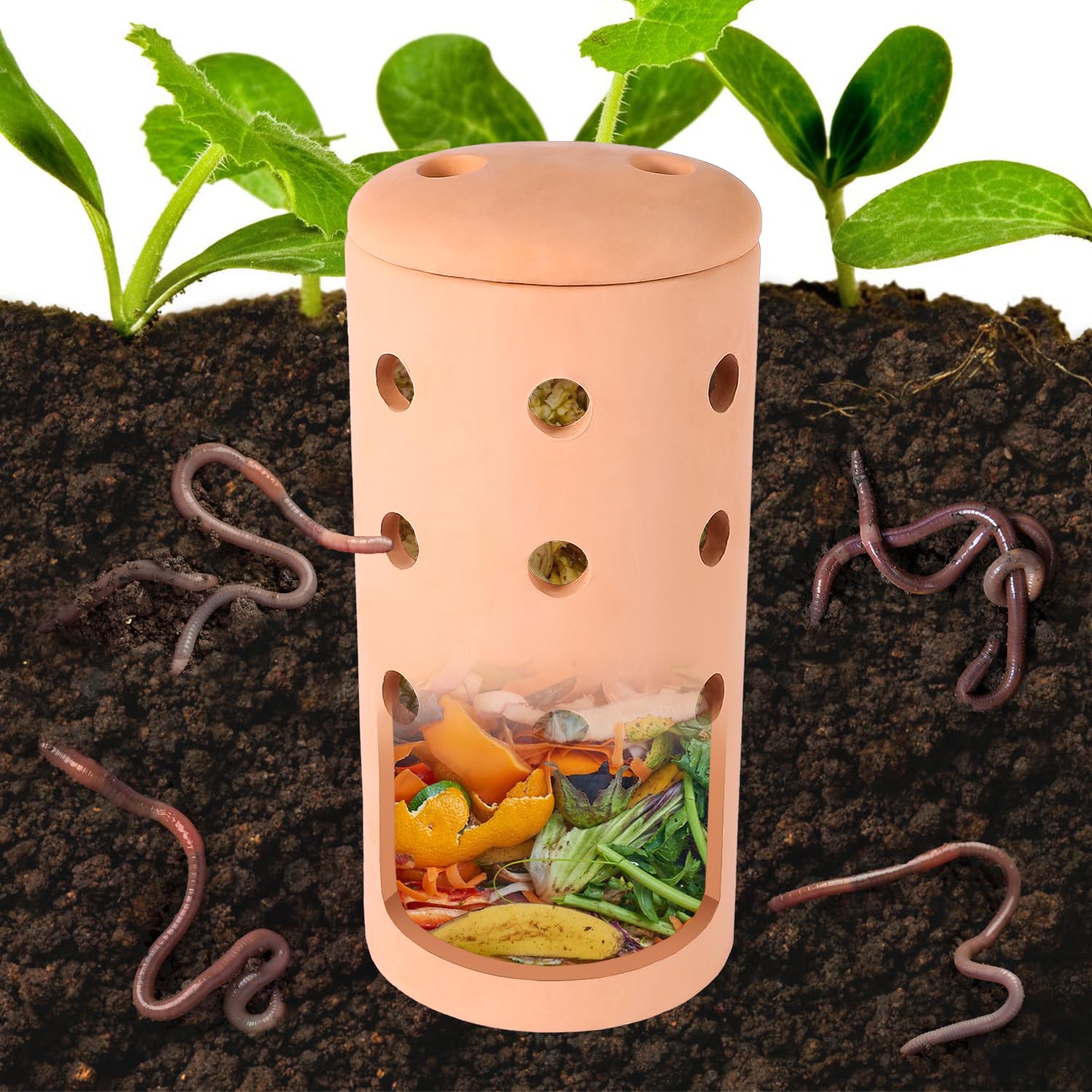Tino Kino Underground Worm Farm ceramic bin with holes for efficient composting in small spaces.