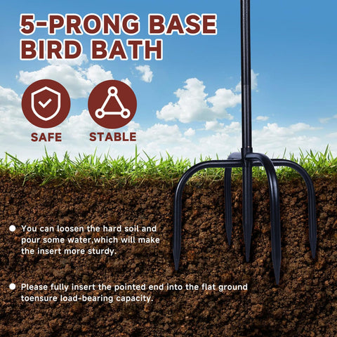Stable 5-prong base keeps the bird bath upright in wind