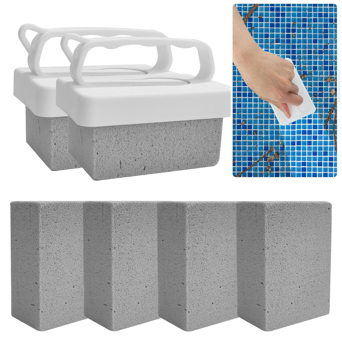 TINSKY 6-pack pool pumice stones with handle for tile cleaning and stain removal.