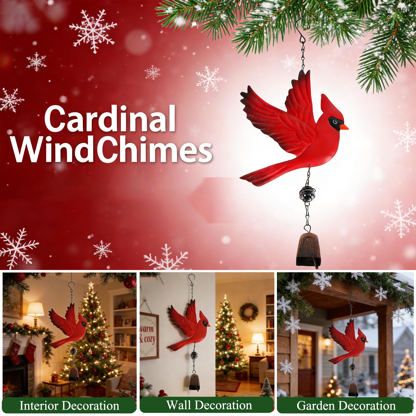 Tinsow cardinal wind chime measures 17.7 by 6.7 inches for visibility.
