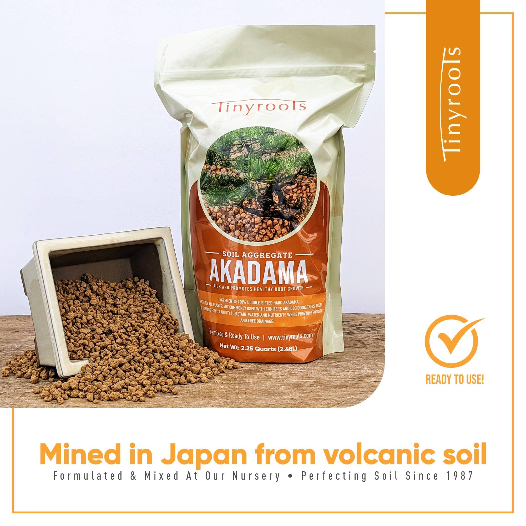 Tinyroots Akadama supports drainage and air around bonsai roots.