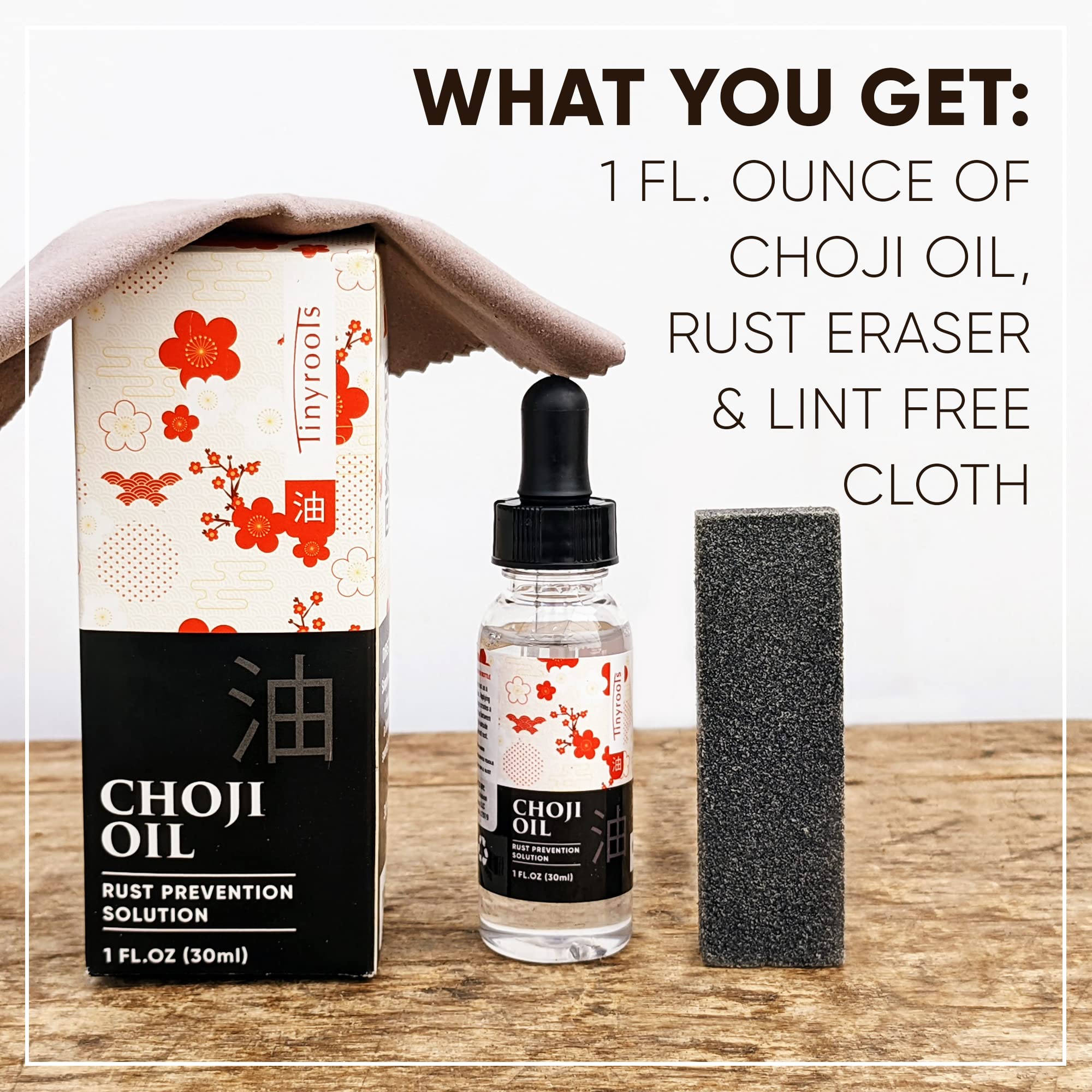 Tinyroots rust eraser included to address rust spots on tools.
