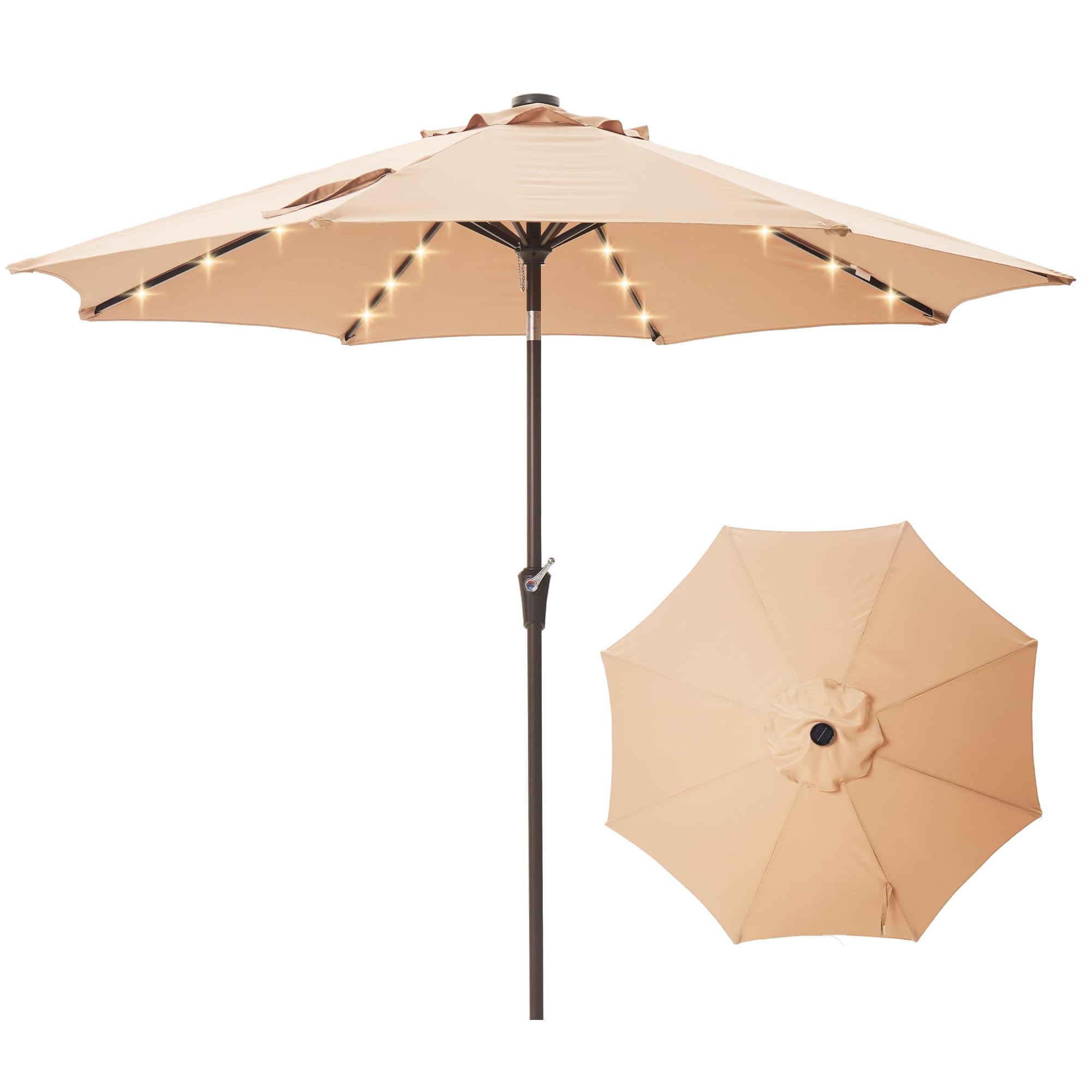 Tioline 9ft solar-powered patio umbrella shaded on a sunny deck, ready for day use