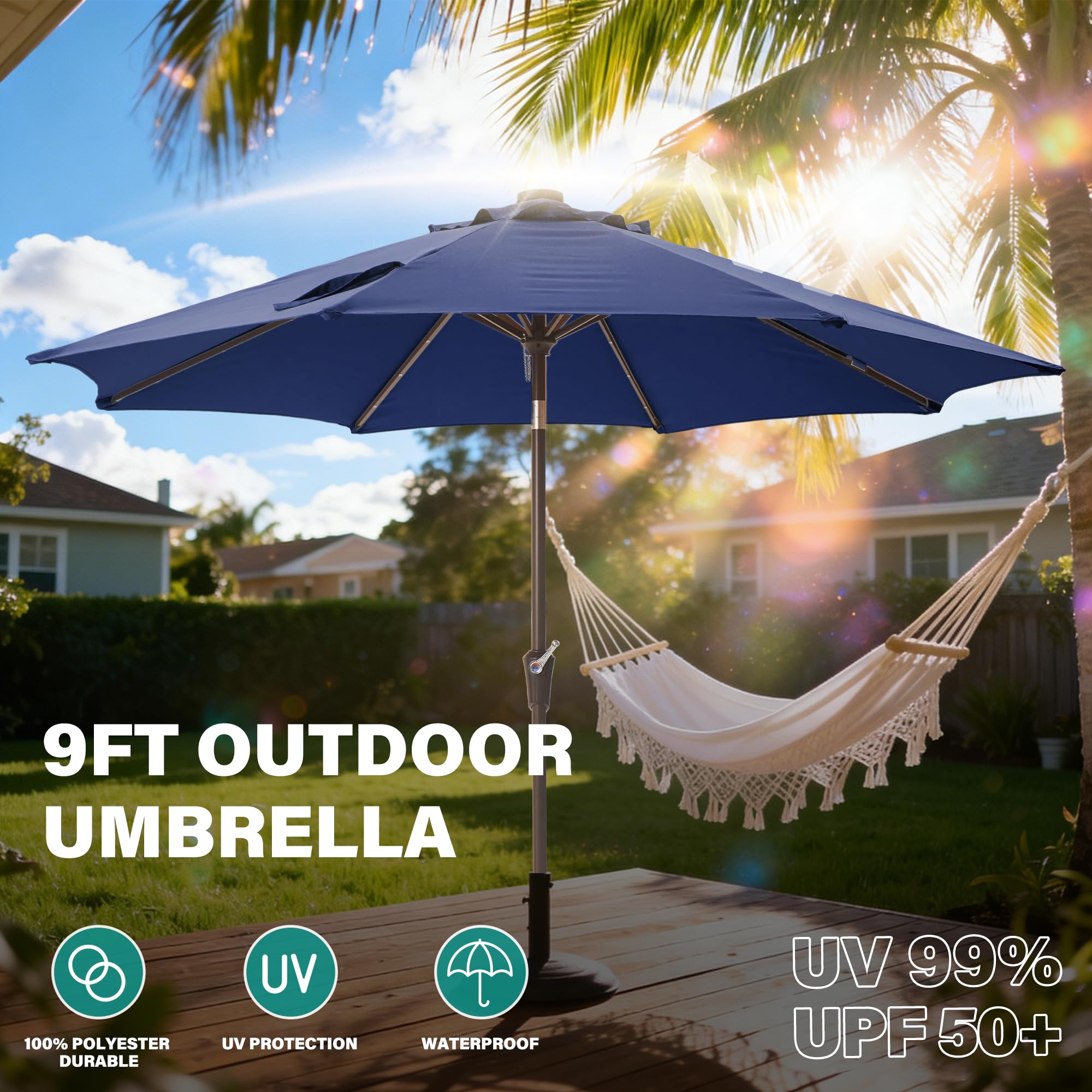 Tioline 9ft umbrella steel pole and reinforced frame for wind-ready stability.
