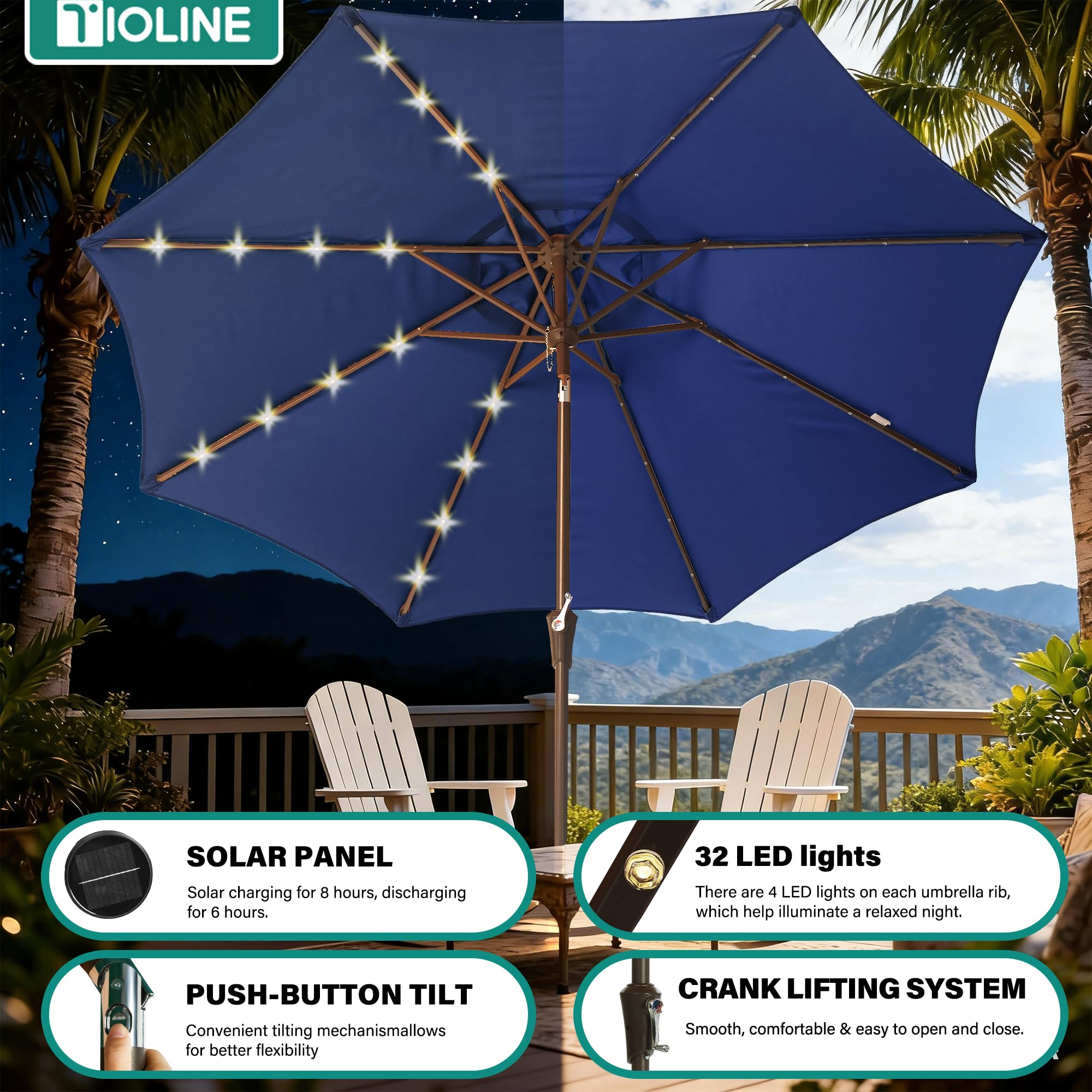 Tioline 9ft umbrella tilt mechanism in action for precise shade adjustment.