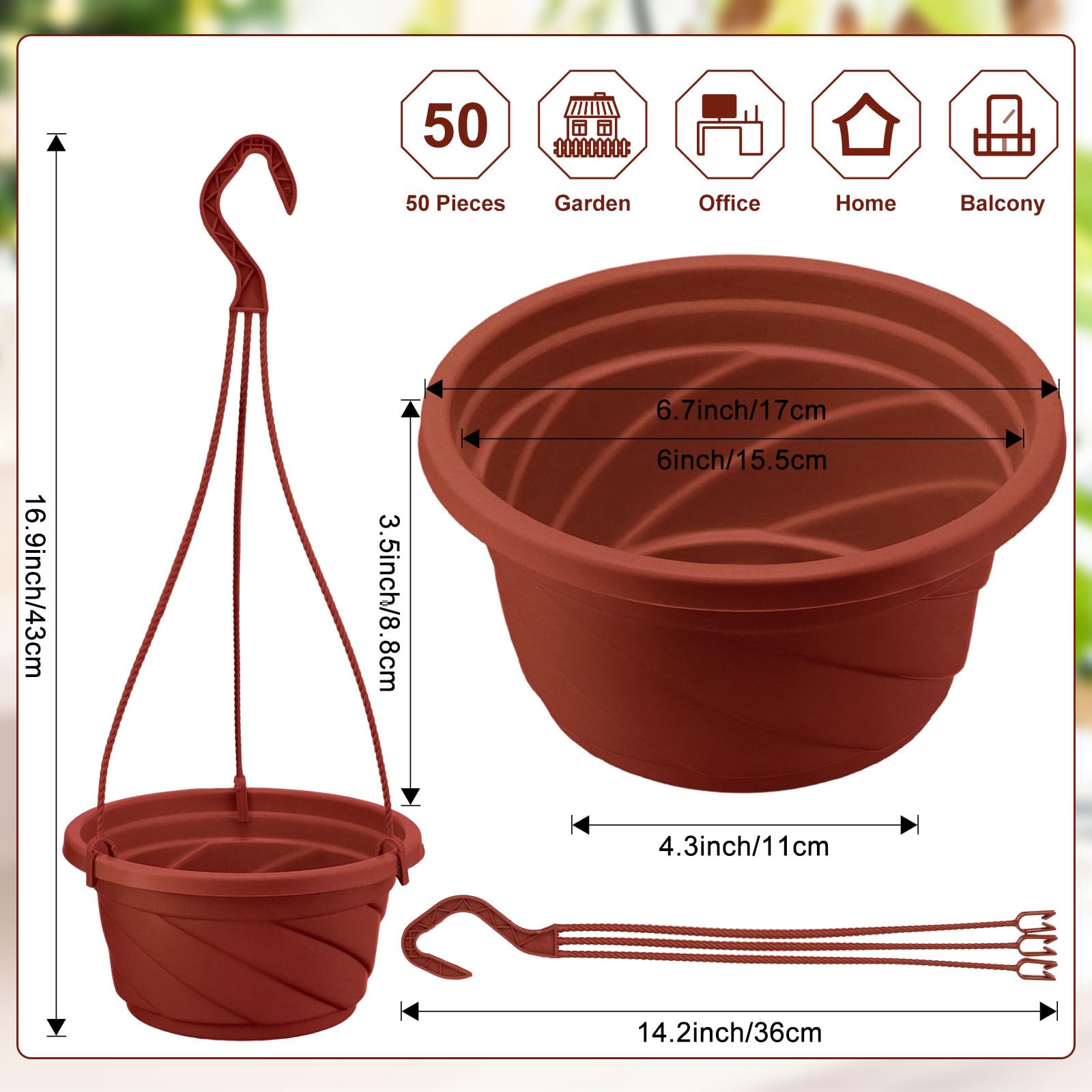 Plastic hanging pot with drainage holes for healthy water balance.