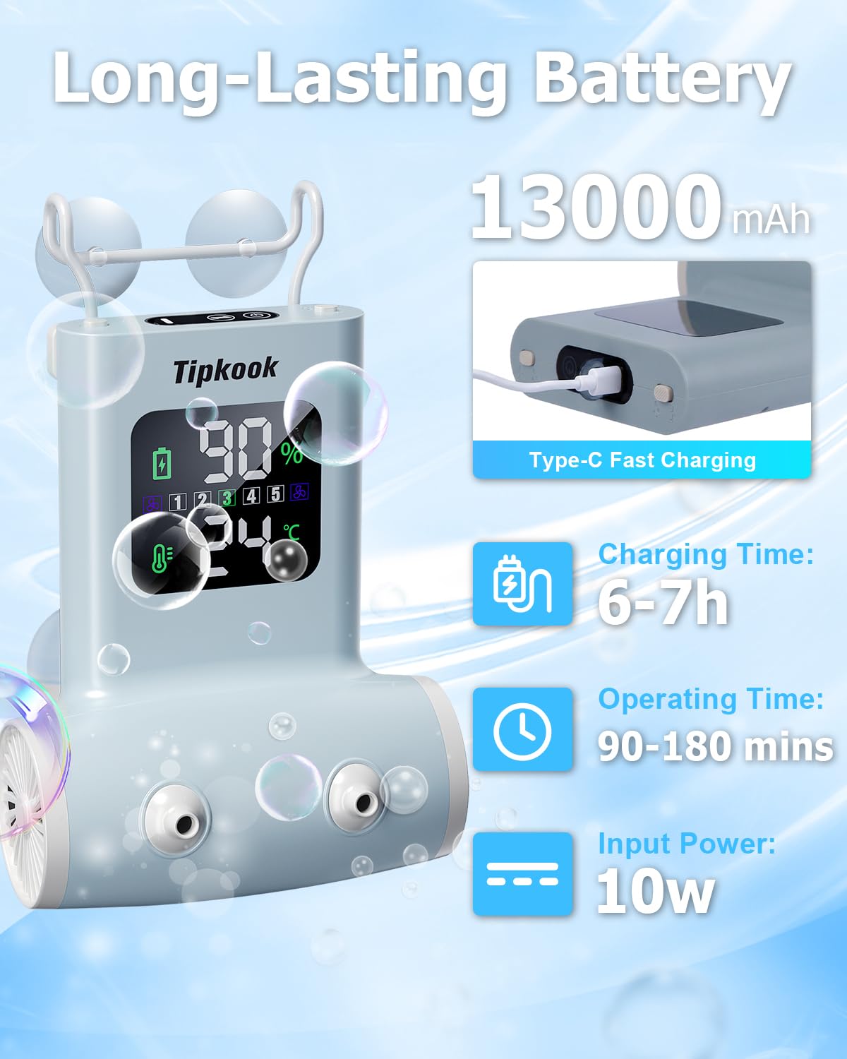 13000mAh battery powers the bath jet with a clear LED readout