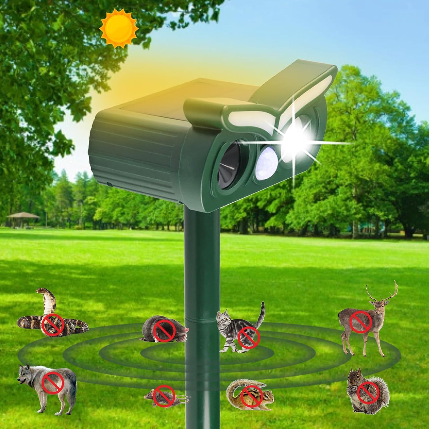 Tirgo 4Pack solar ultrasonic deterrent front view protects garden wildlife