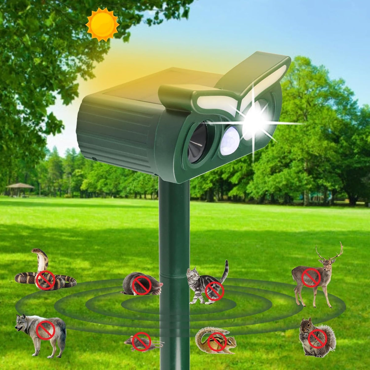 Tirgo 4Pack solar ultrasonic deterrent front view protects garden wildlife
