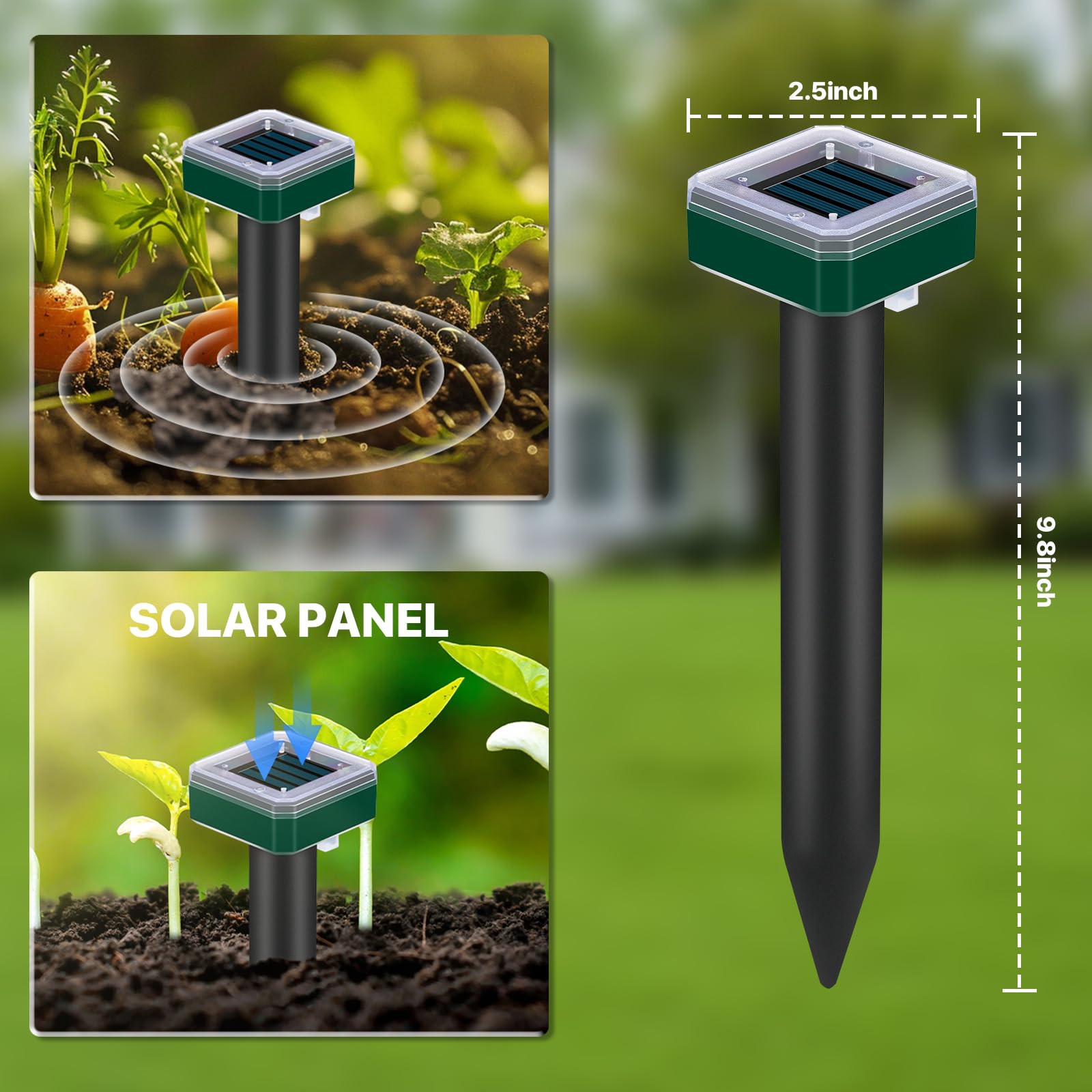 Close-up of the Tirgo solar ultrasonic deterrent protecting garden beds.