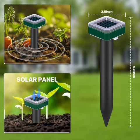 Close-up of the Tirgo solar ultrasonic deterrent protecting garden beds.