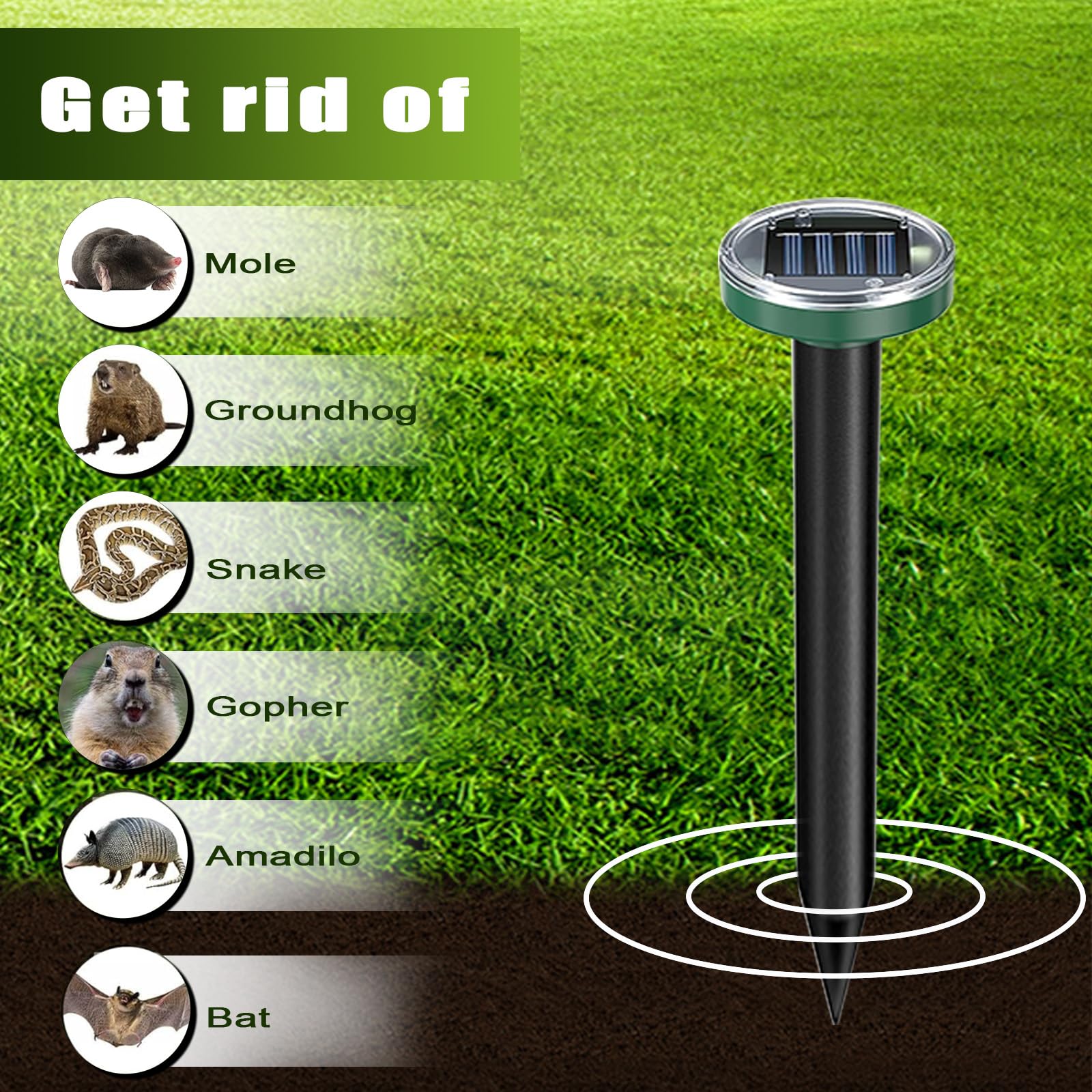 Tirgo solar mole repellent 8-pack on display protects lawns.
