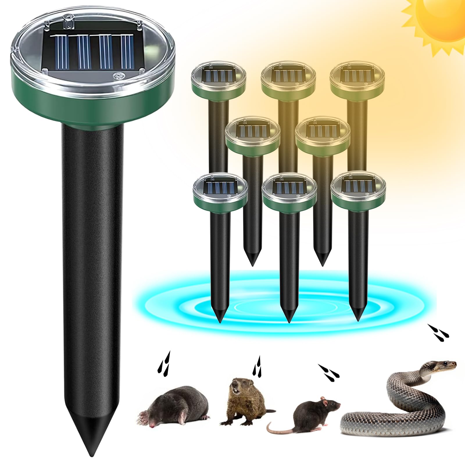 Tirgo solar mole repellent stake assembly for easy yard protection.
