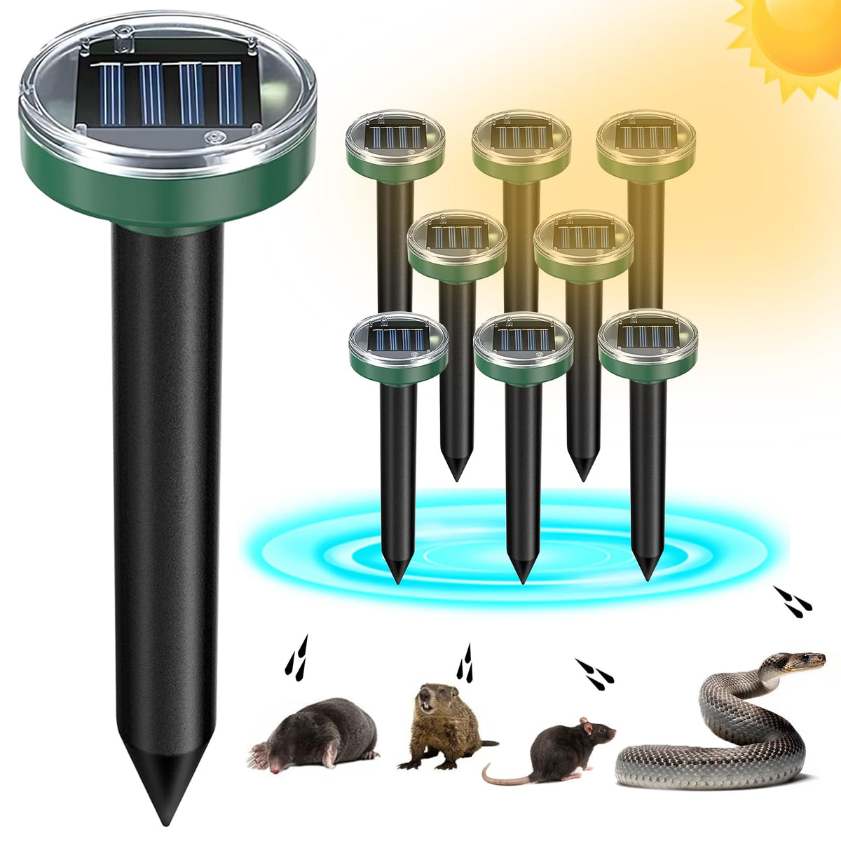 Tirgo solar mole repellent stake assembly for easy yard protection.