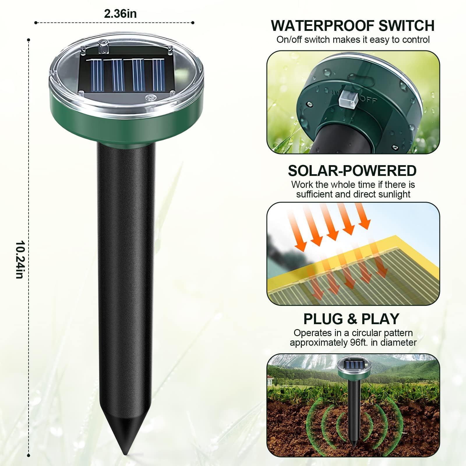 Tirgo mole repellent stake in sunlit lawn demonstrates easy, maintenance-free outdoor defense