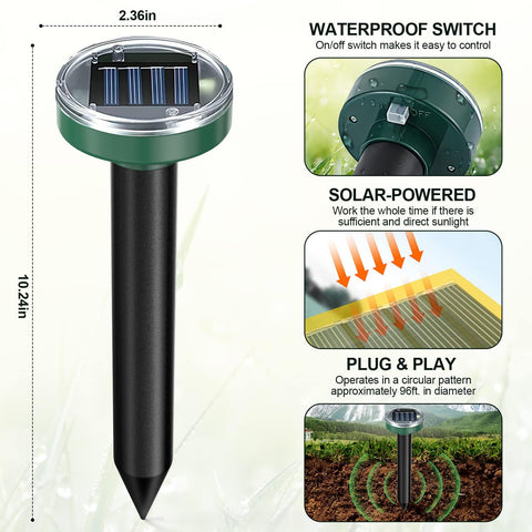 Tirgo mole repellent stake in sunlit lawn demonstrates easy, maintenance-free outdoor defense