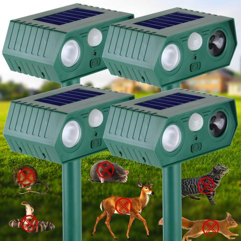 Tirgo solar ultrasonic animal repellent, front view, protects gardens from wildlife.