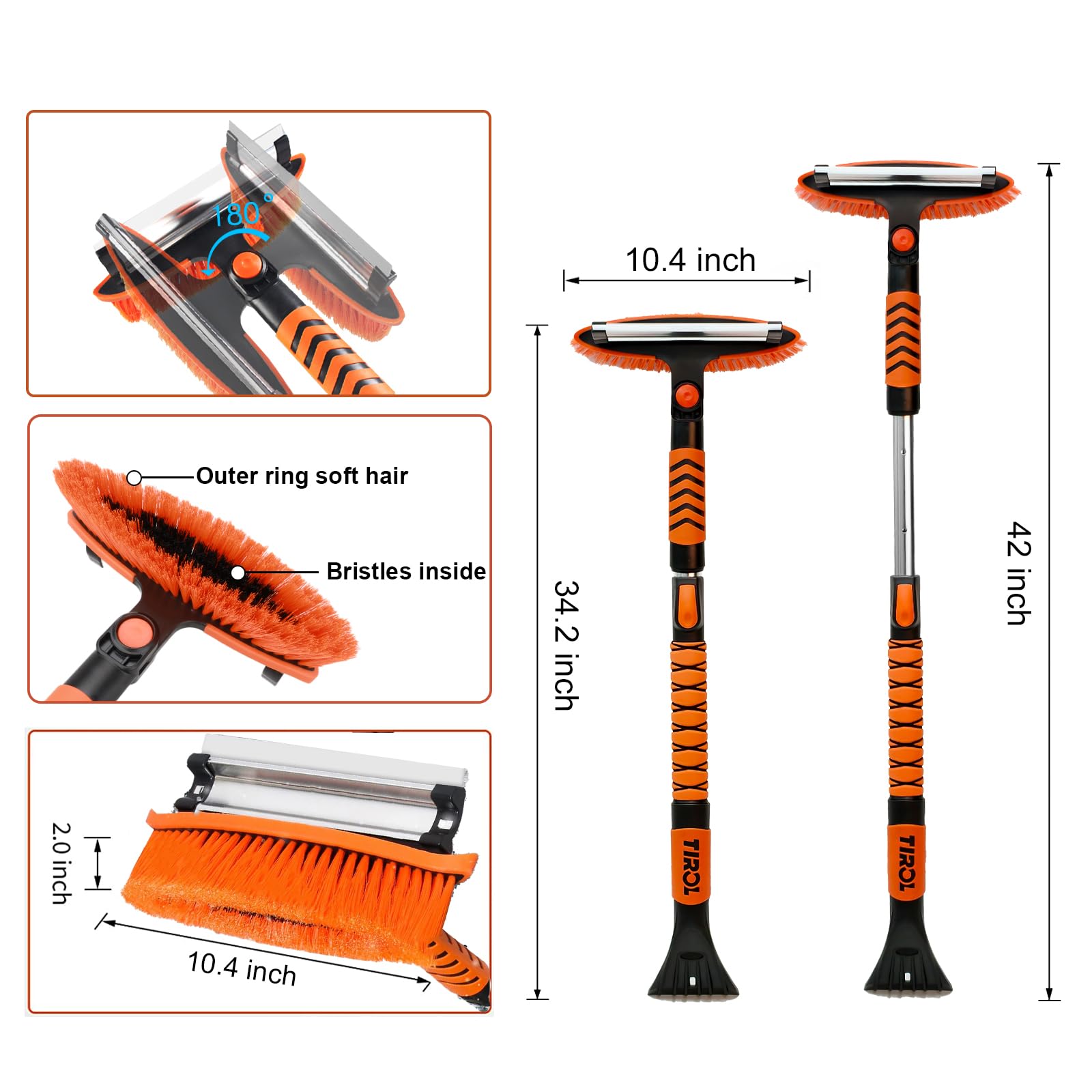 180-degree pivoting snow brush head for flexible snow clearing