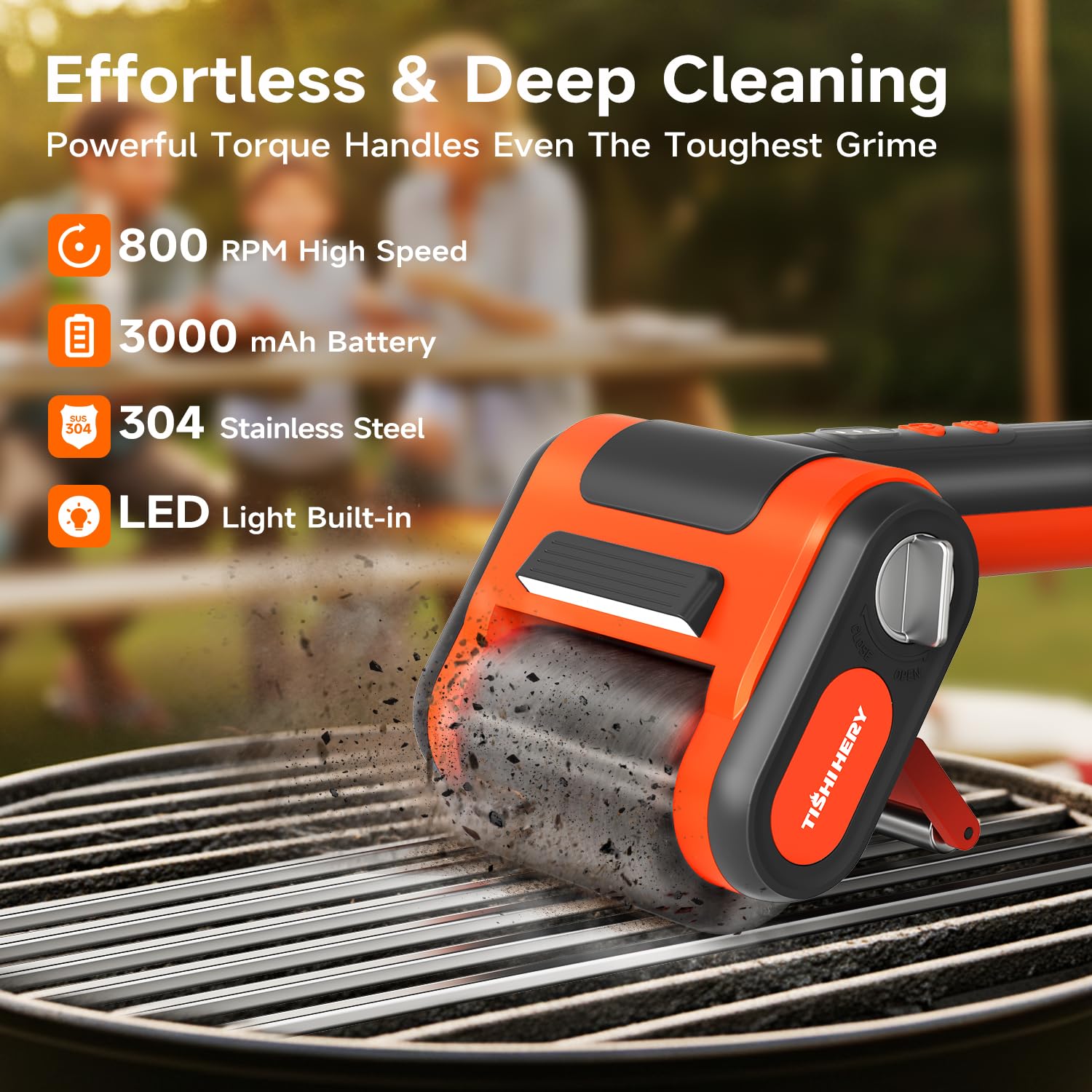 TISHI HERY cordless grill cleaner with LED light for night cleaning.