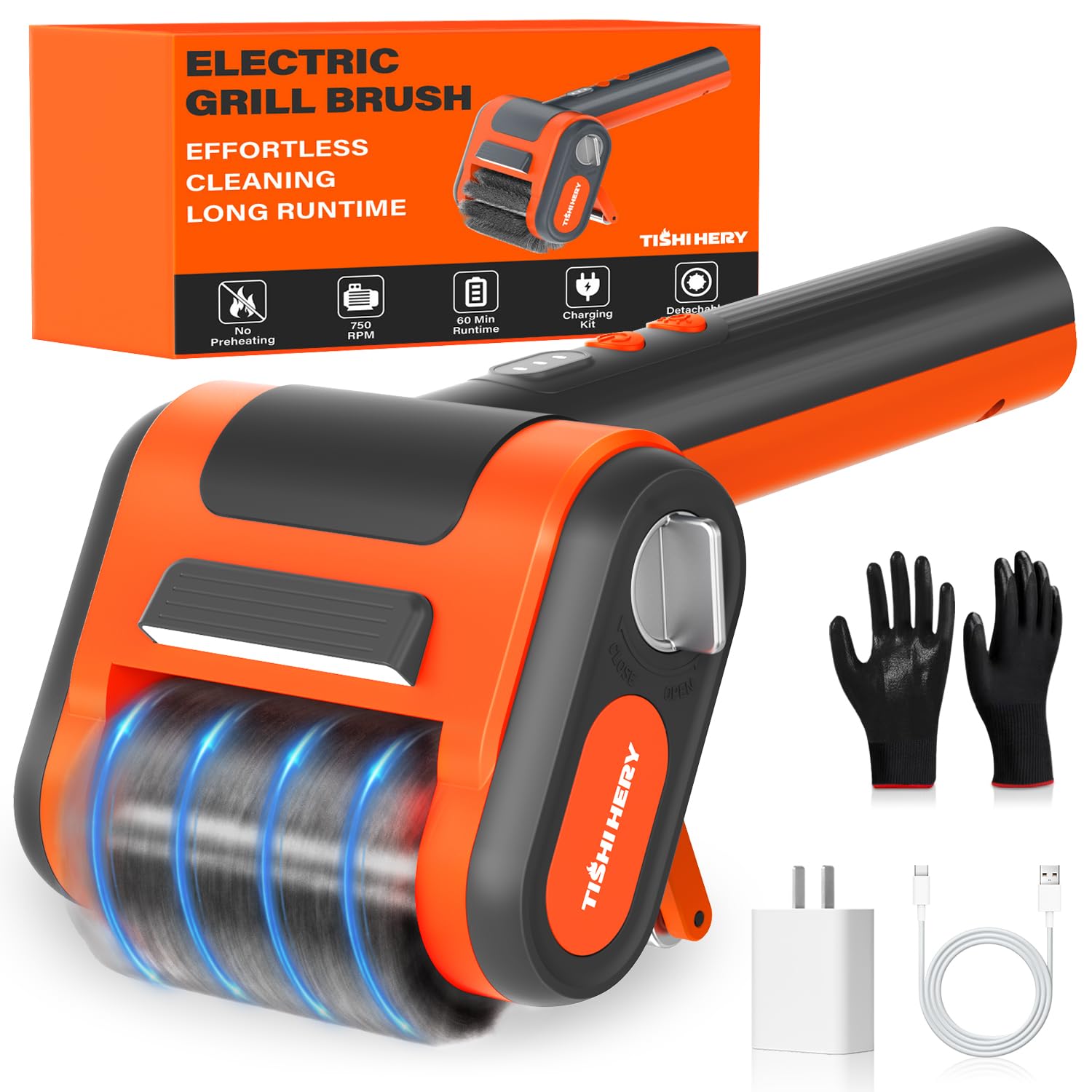 TISHI HERY electric grill brush head spinning rapidly for cold grill cleaning.