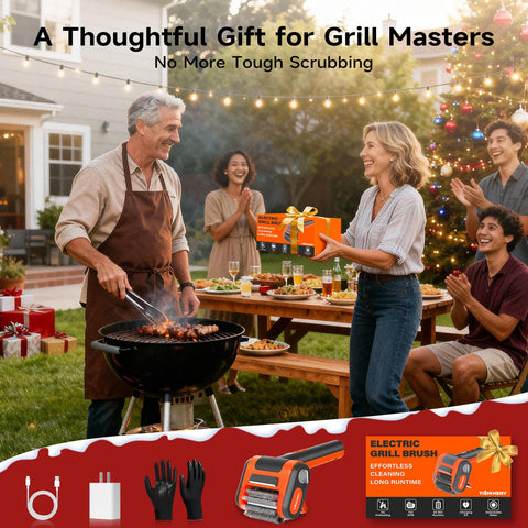Night-time grill cleaning demonstrated with LED illumination.