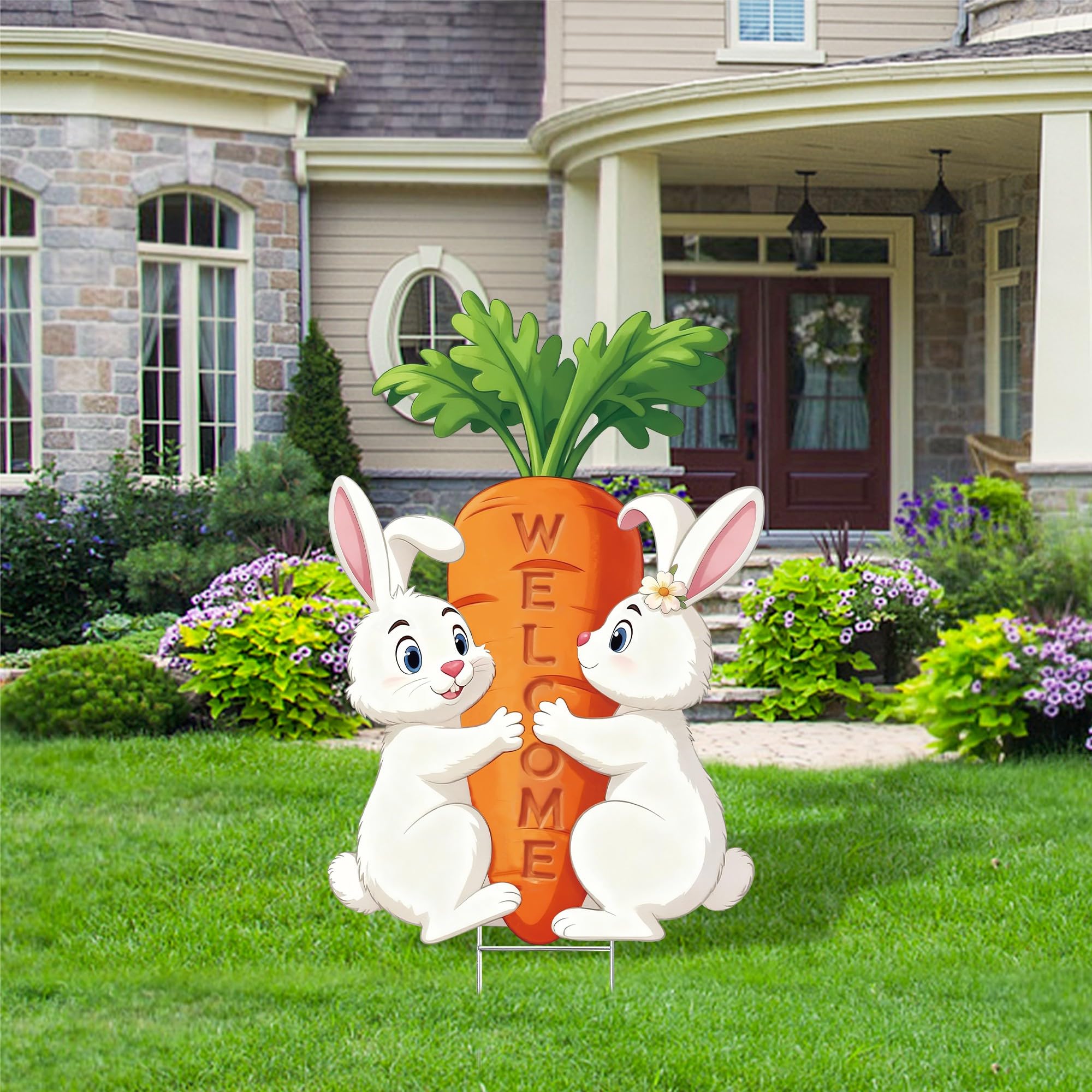 TISTON Easter yard sign with rabbits holding a carrot to boost curb appeal.