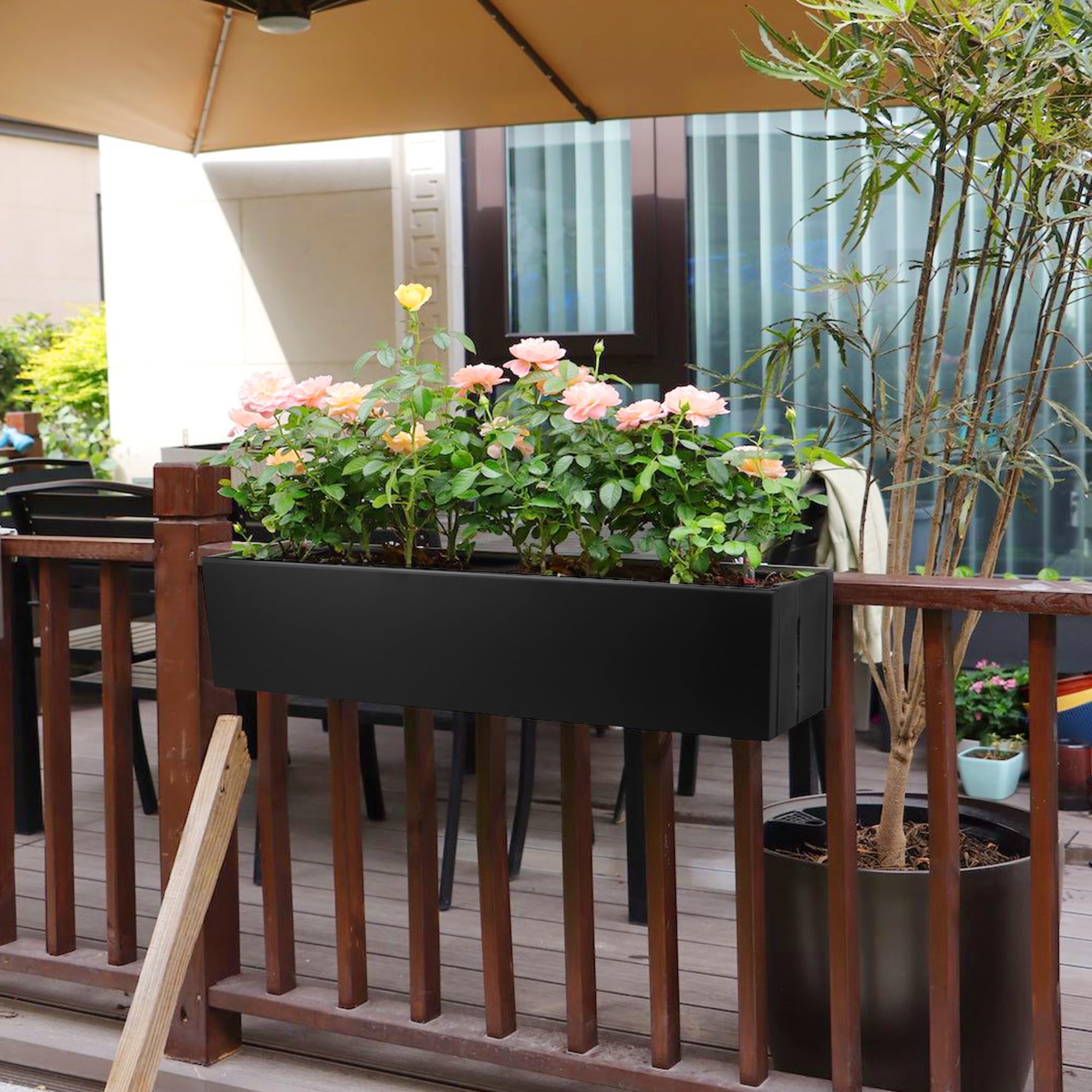 TISUWING large balcony setup, 30-inch planter on railing.