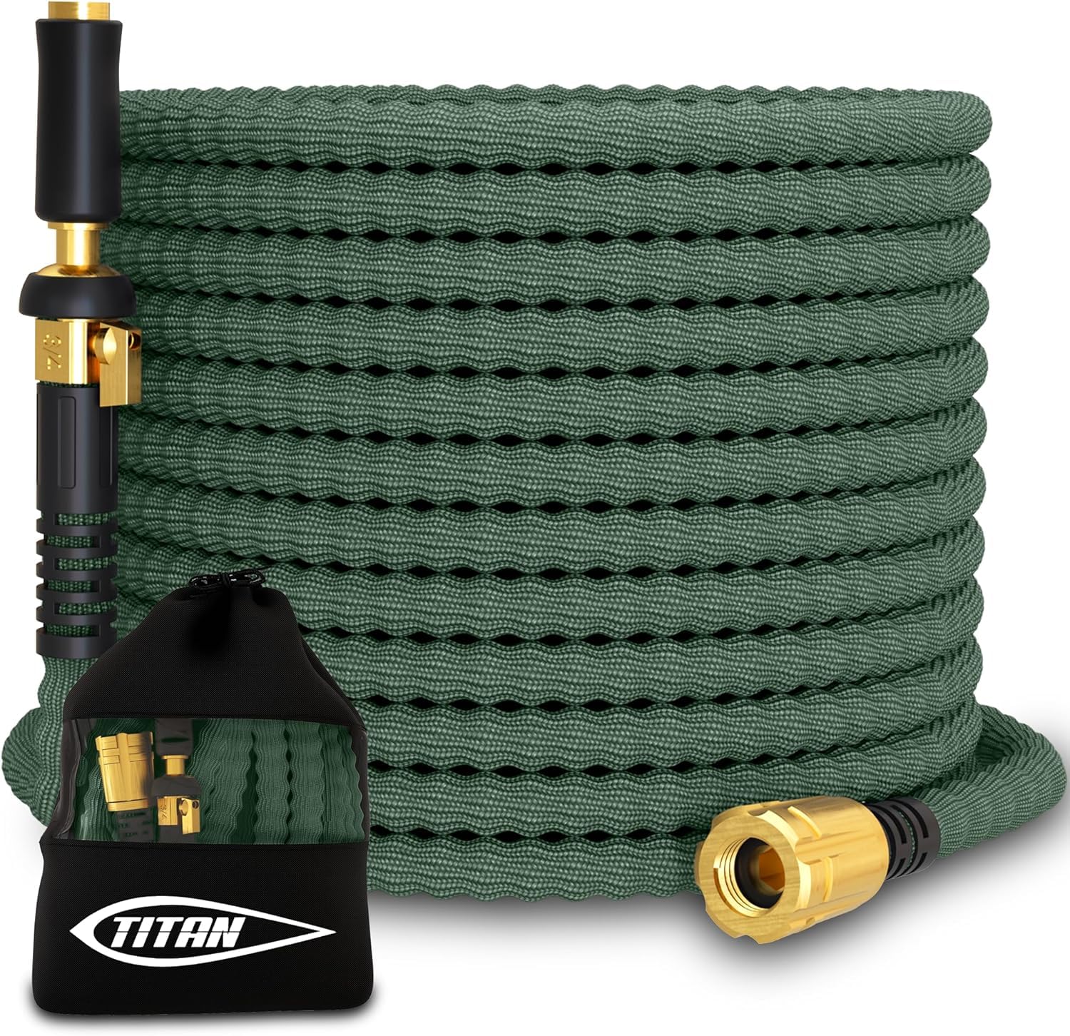 Titan Flexible Hose 100ft packaging shows durable construction for outdoor use