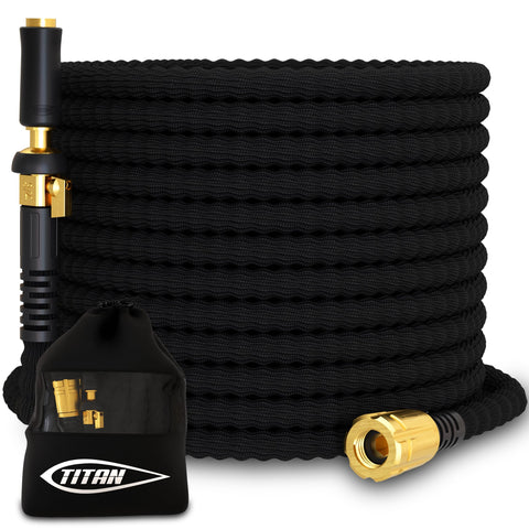 Titan 50ft flexible garden hose in use, showcasing lightness and ease of maneuverability.