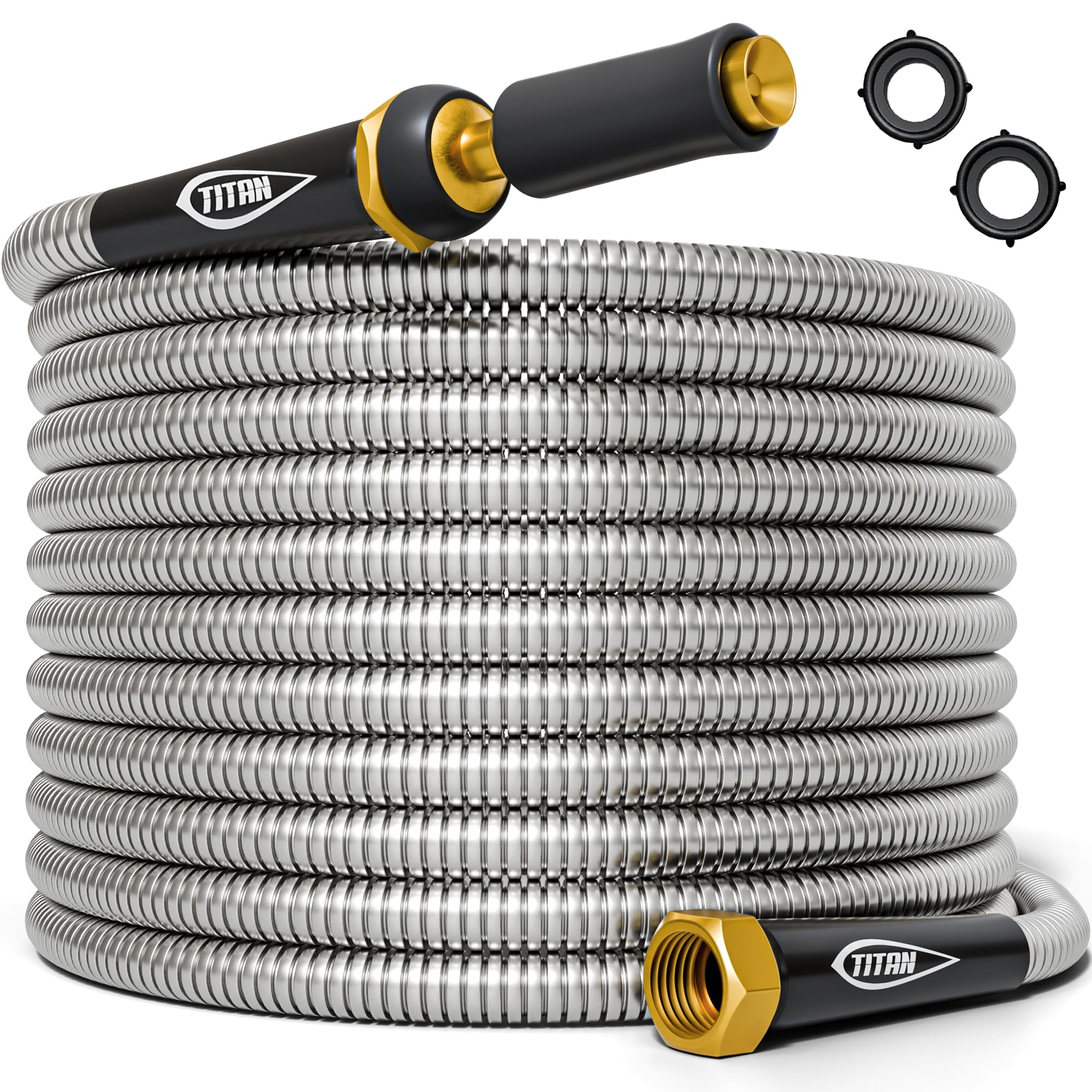 Titan Garden Hose 150ft with metal shell, rugged outdoor durability