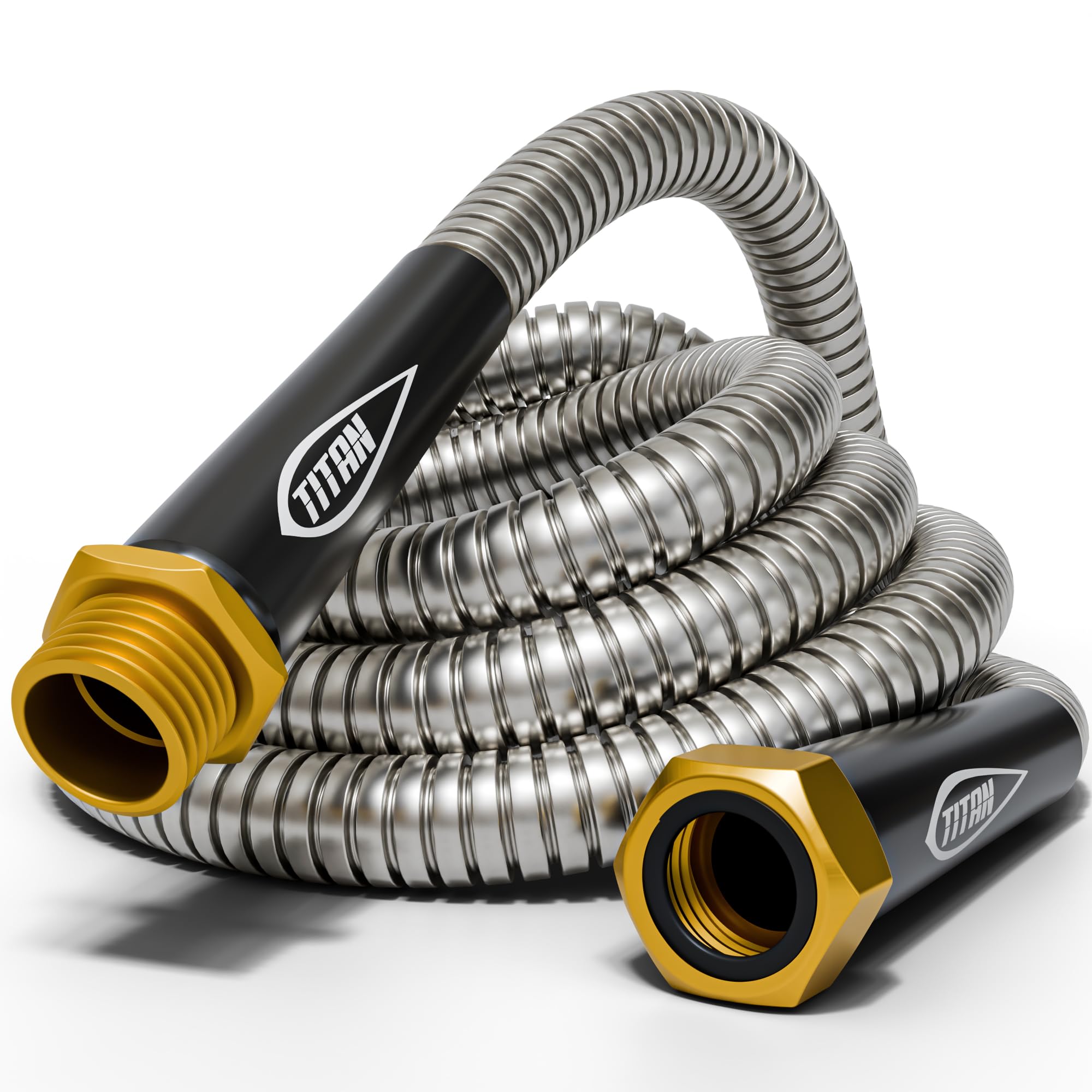 Titan garden hose easy-to-coil design enables compact storage.