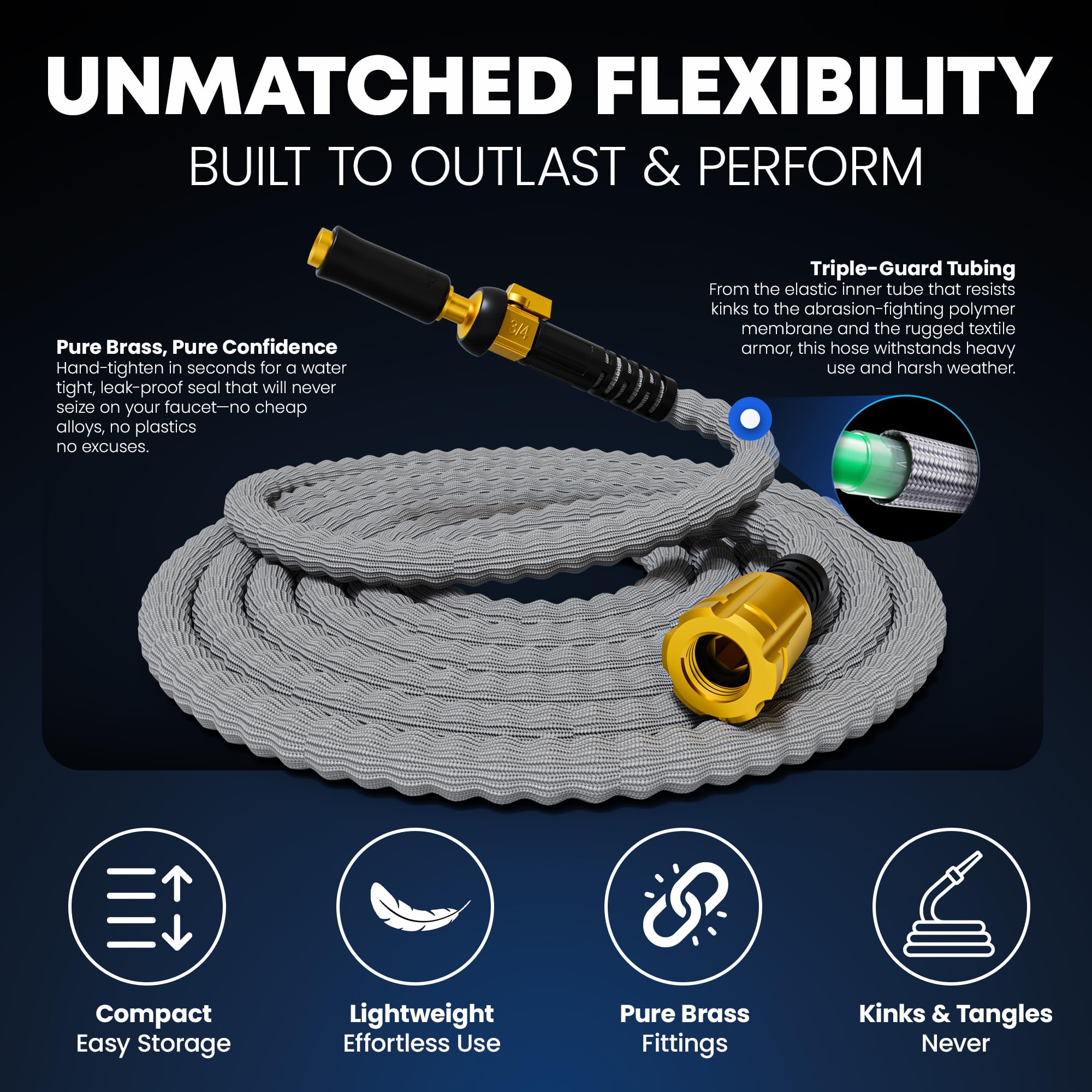 Titan kink-free design prevents tangles while watering around plants and furniture.