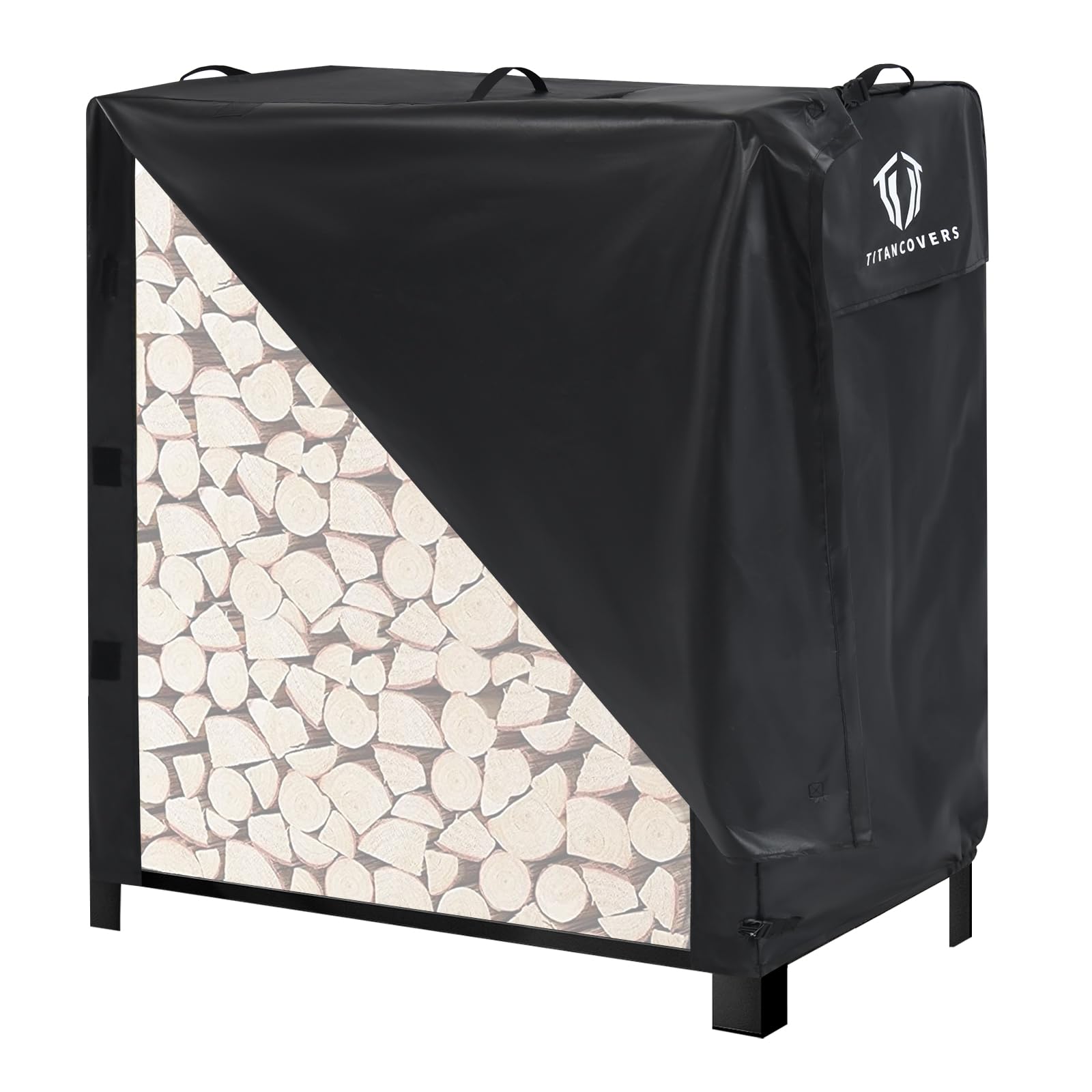TitanCovers 4ft firewood cover side view with handles for quick setup.