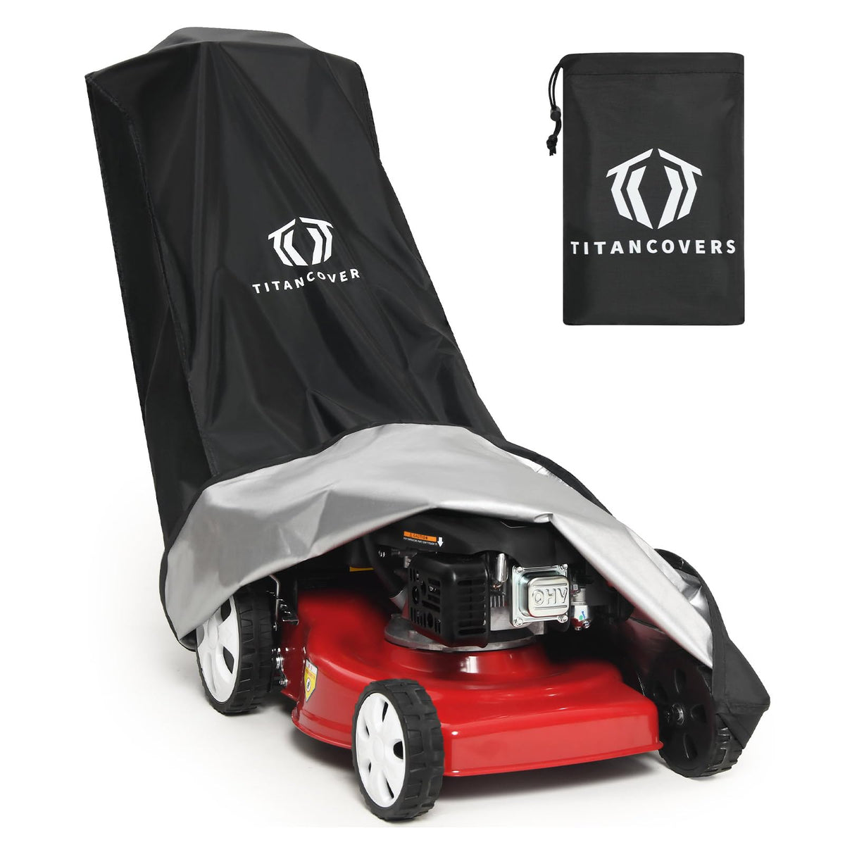 TitanCovers lawn mower cover with double drawstring for secure fit and easy use.