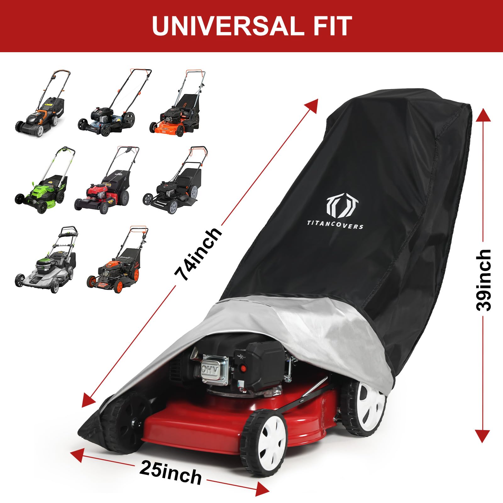 TitanCovers lawn mower cover with PA coating protecting against rain and dust.