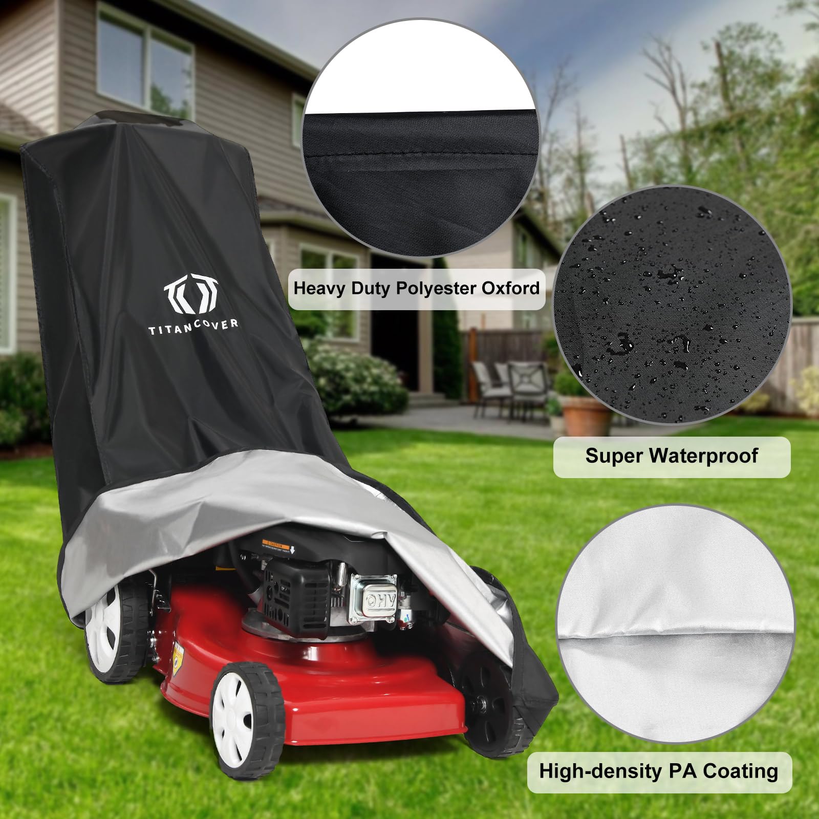 TitanCovers universal-fit lawn mower cover for most walk-behind models.