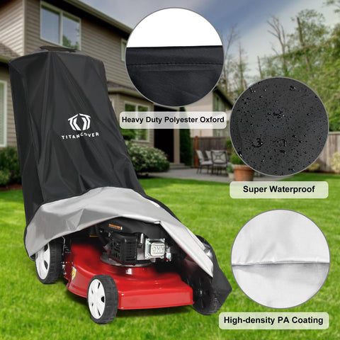 TitanCovers universal-fit lawn mower cover for most walk-behind models.