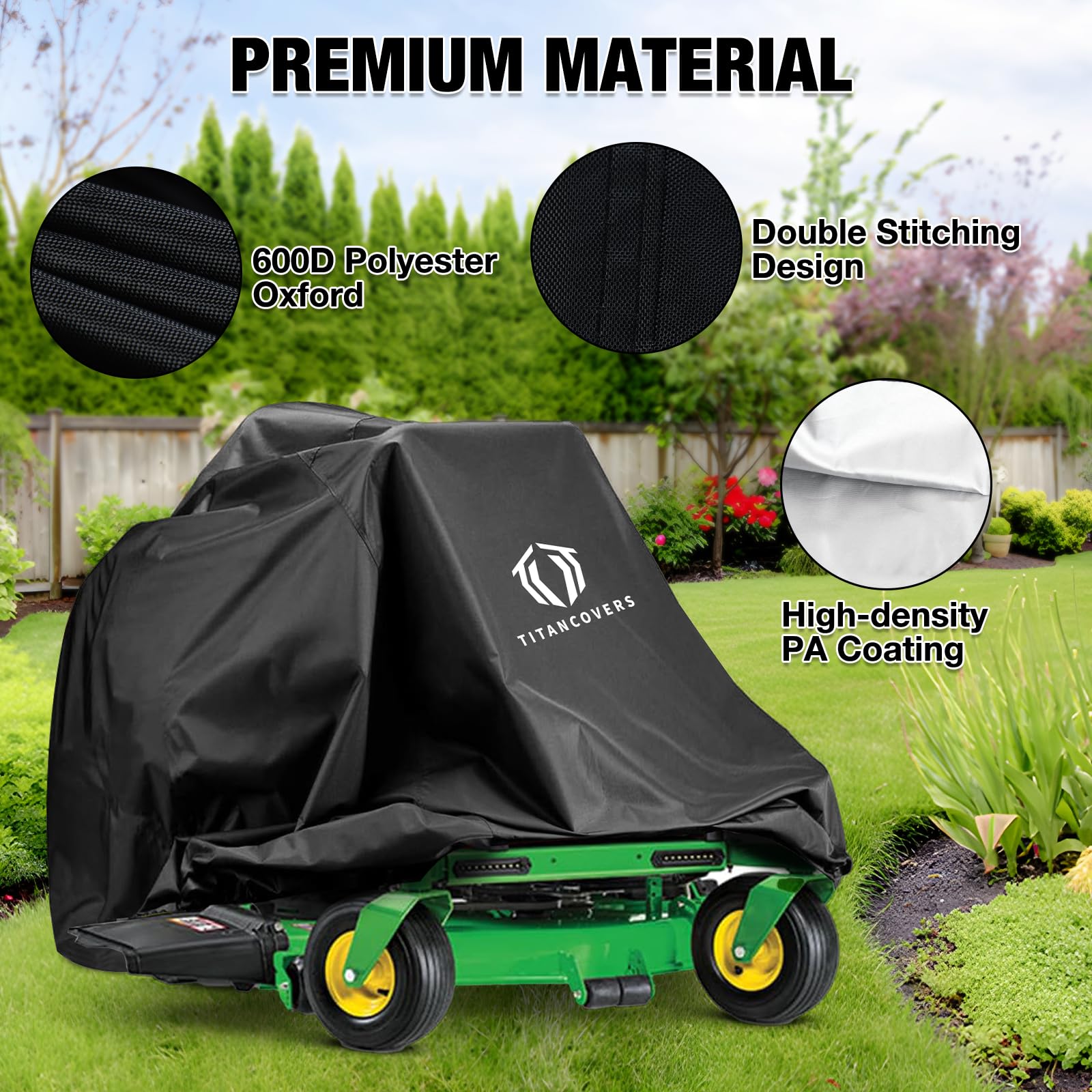 TitanCovers universal-fit design suits most zero-turn brands like John Deere.
