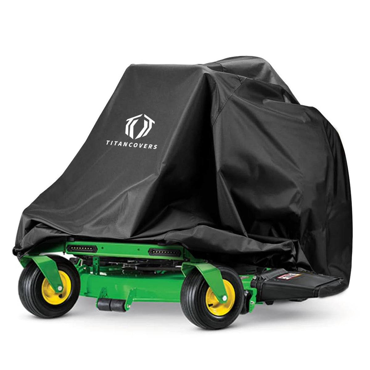TitanCovers zero turn mower cover with waterproof 600D fabric protects from rain and sun.