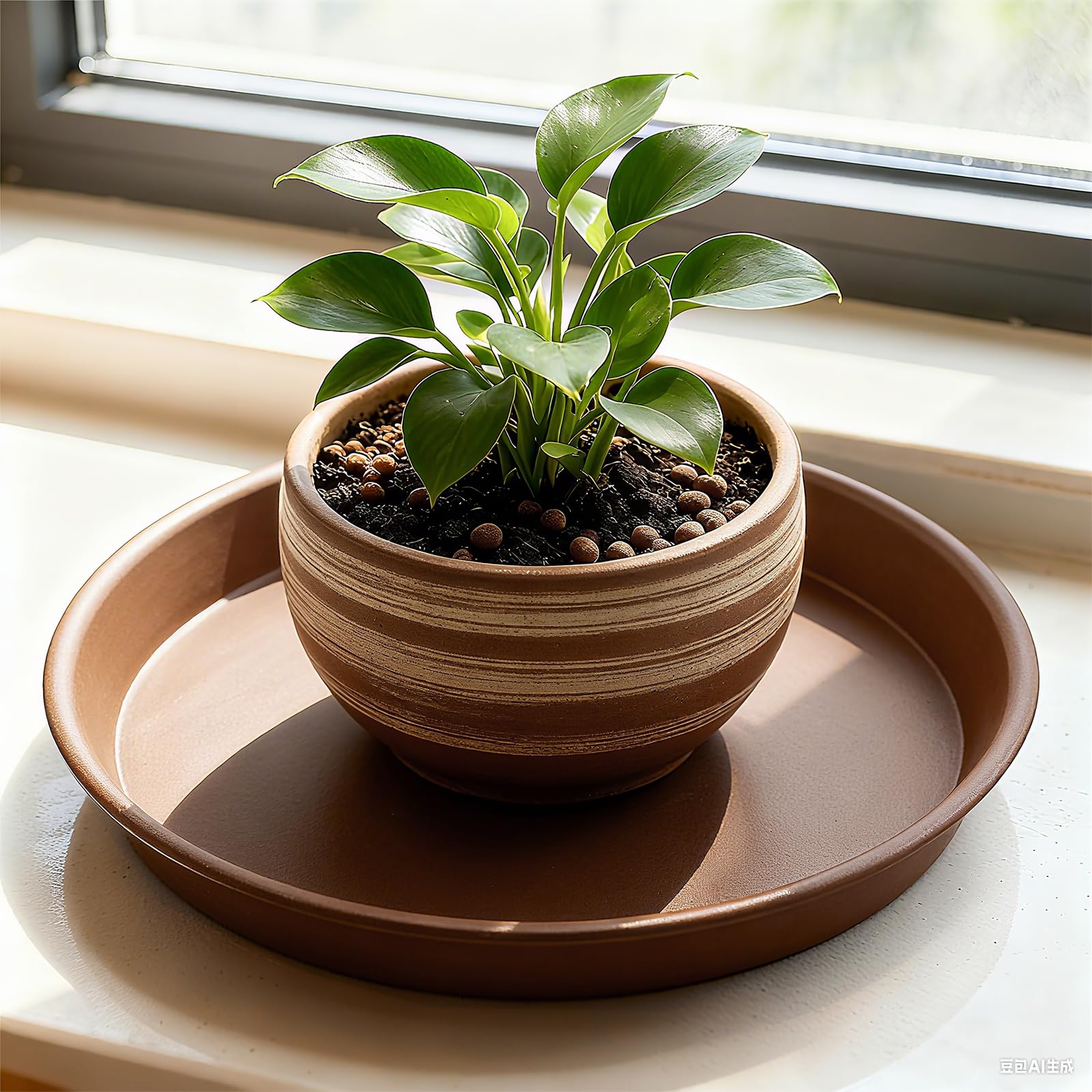 TITE Plant Saucer brown plastic contrasts with greenery while protecting surfaces