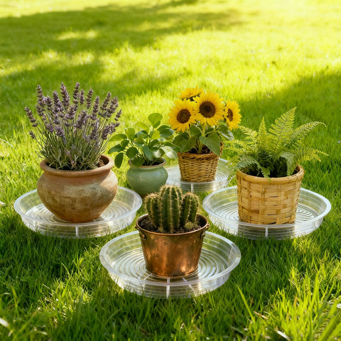 TITE plant saucer with decorative pebbles enhances display while protecting surfaces.