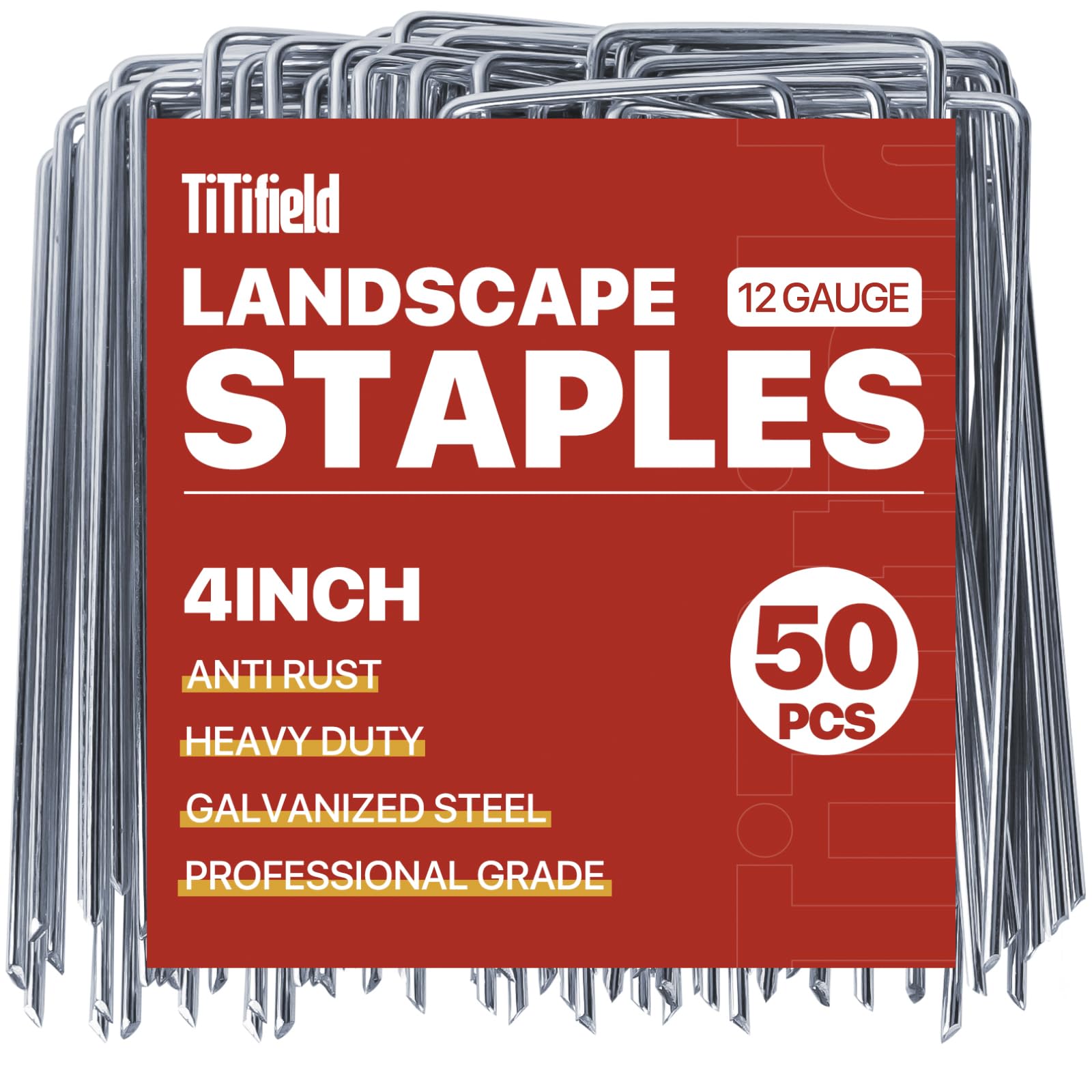 TiTifield landscape staples 4-inch galvanized securely anchor weed barrier fabric.