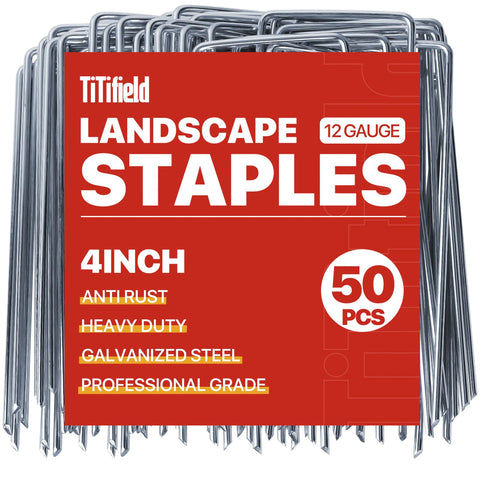TiTifield landscape staples 4-inch galvanized securely anchor weed barrier fabric.