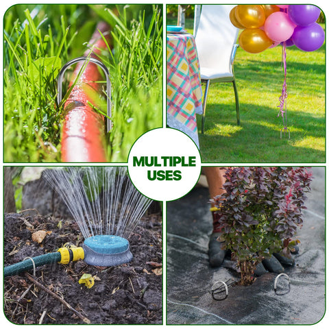 TiTifield U-shape stakes secure landscape fabric and plastics across areas.