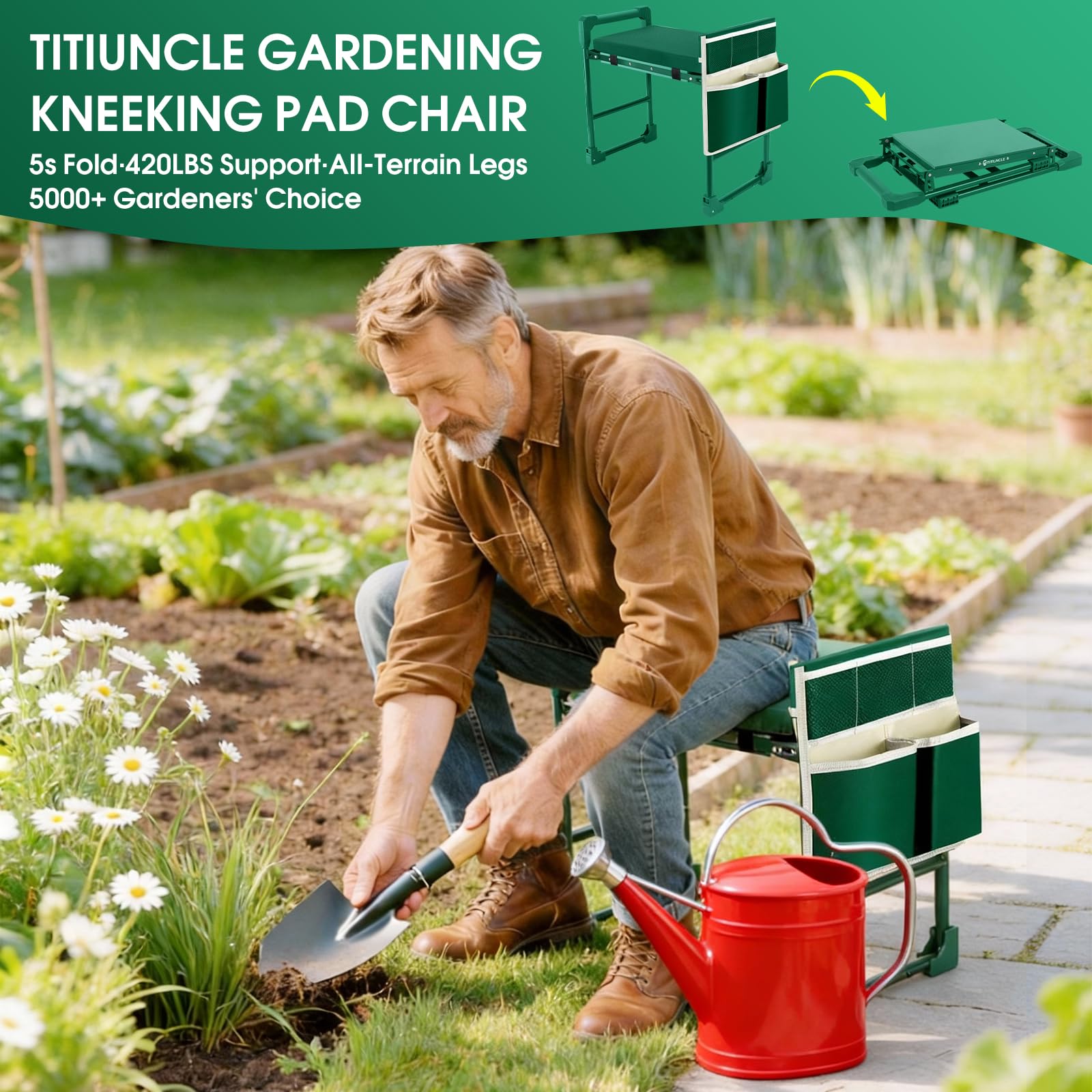 TITIUNCLE Garden Kneeler in use as a comfortable seat while weeding.