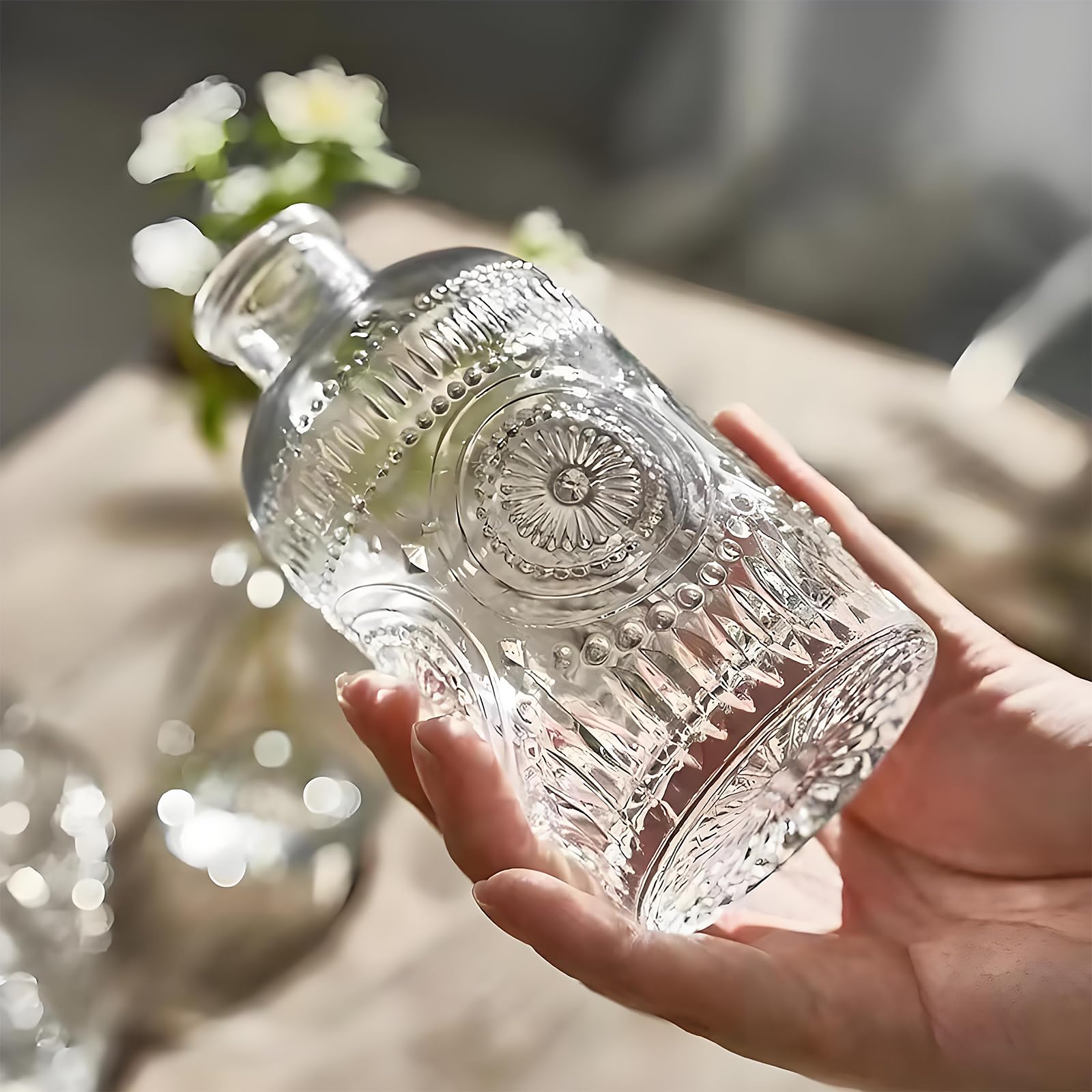 TIWPAJS vintage relief vase enhances elegant table decor with a clear glow.